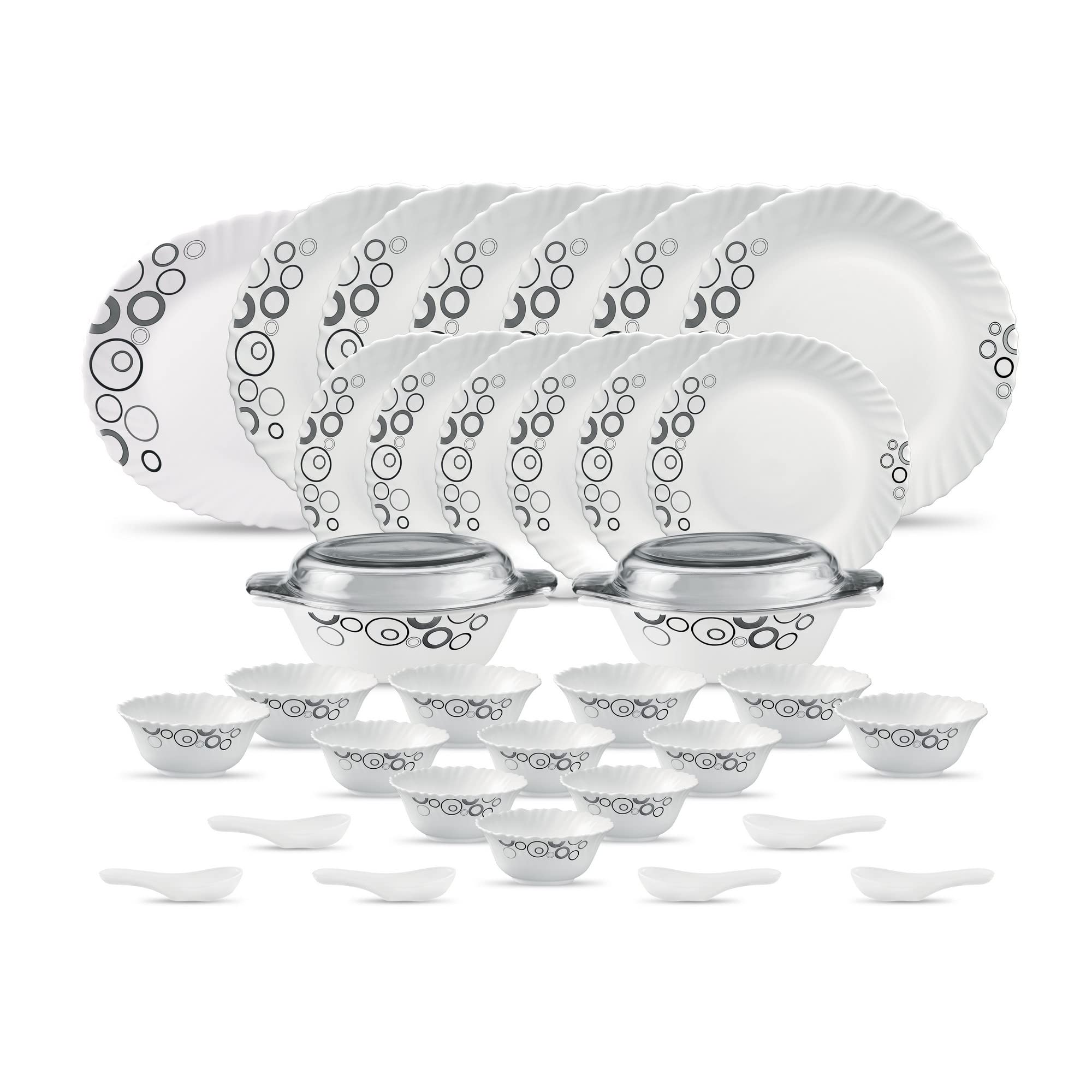 La Opala Diva Classique Collection Opal Glass Crockery | For Family Of 6 | Dinner Set 35 Pcs Misty Drops | Plates & Bowls For Di