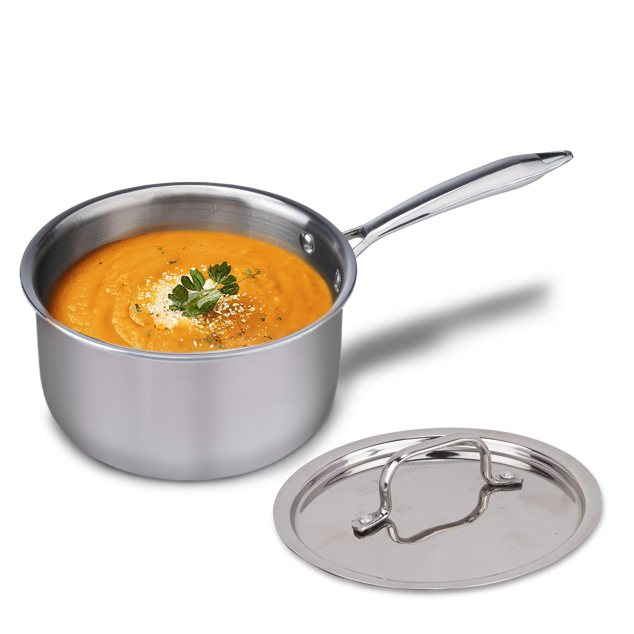 Agaro Regency Triply Steel Saucepan With Lid 14 Cm, Triple Layered Stainless Steel Body, 1.25L Capacity, 2.5Mm Thick Body, Sturd