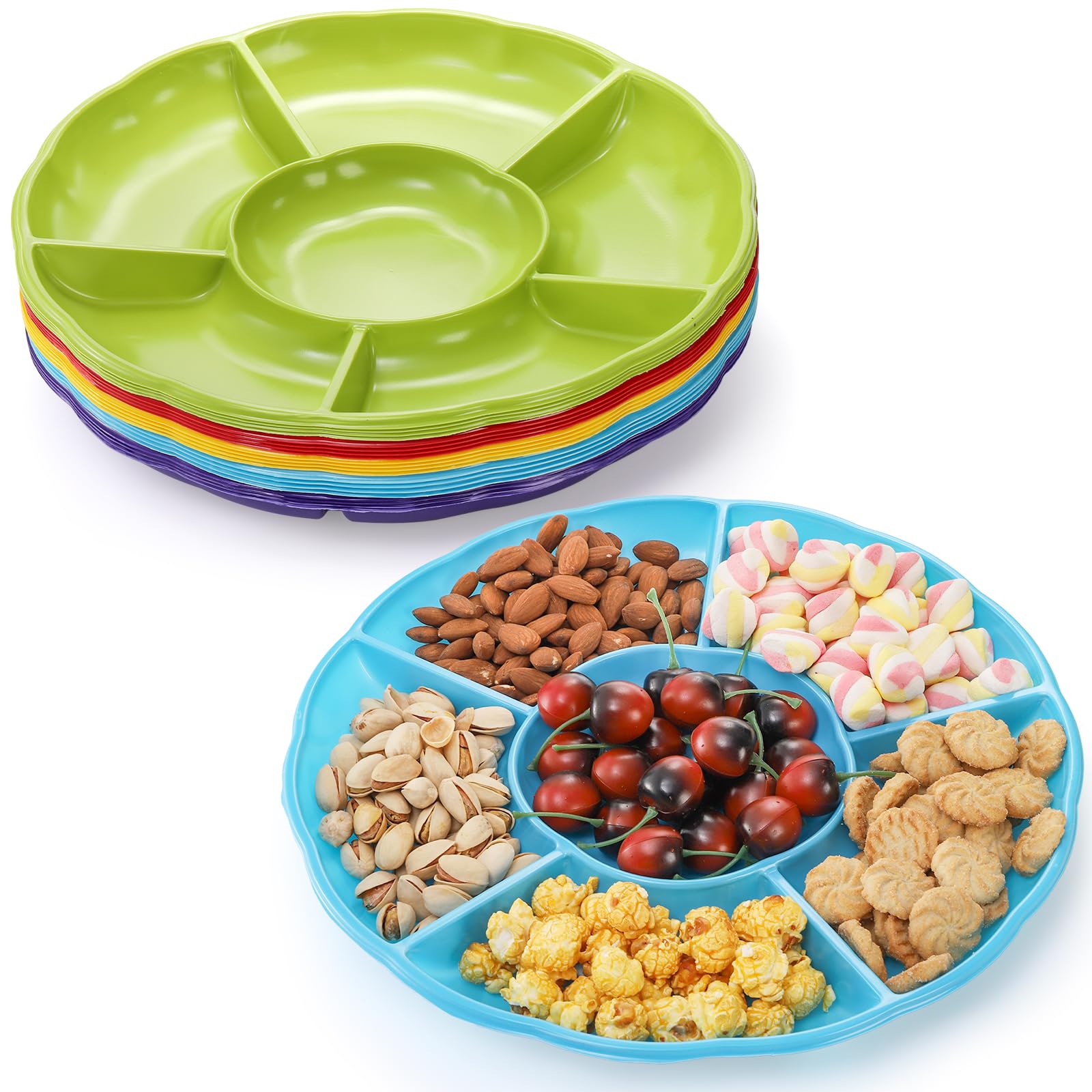 Frcctre 20 Pack 6 Sectional Round Plastic Appetizer Serving Platter, 12 Inch Disposable Divided Snack Serving Platter Food Tray