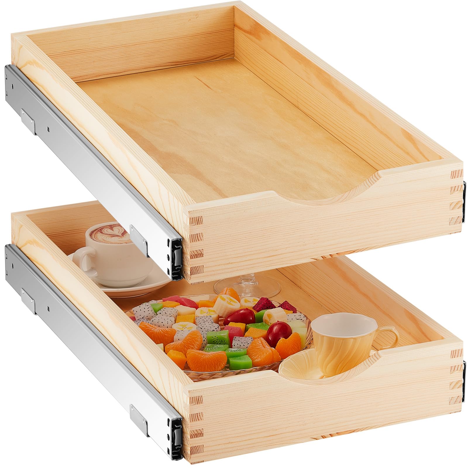 Menkxi 2 Set Wooden Pull out Cabinet Organizer Fully Assembled Slide out Pantry Drawer with Gentle Close Storage Shelf Tray for 