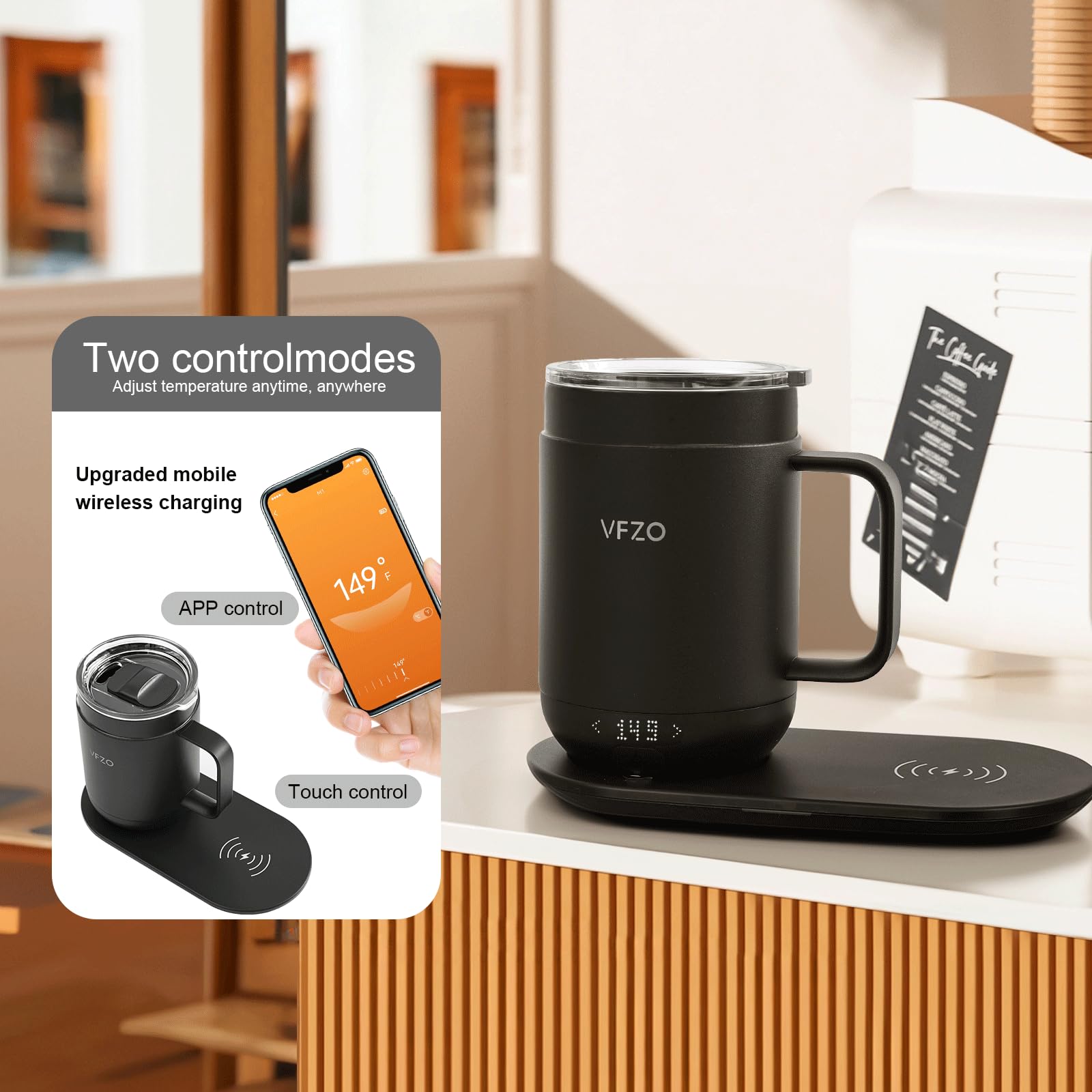 VFZO Smart Mug 16Oz Self-Heating Coffee Mug with LED Display, Black, Stainless Steel, Model M2, 180 Min Battery Life