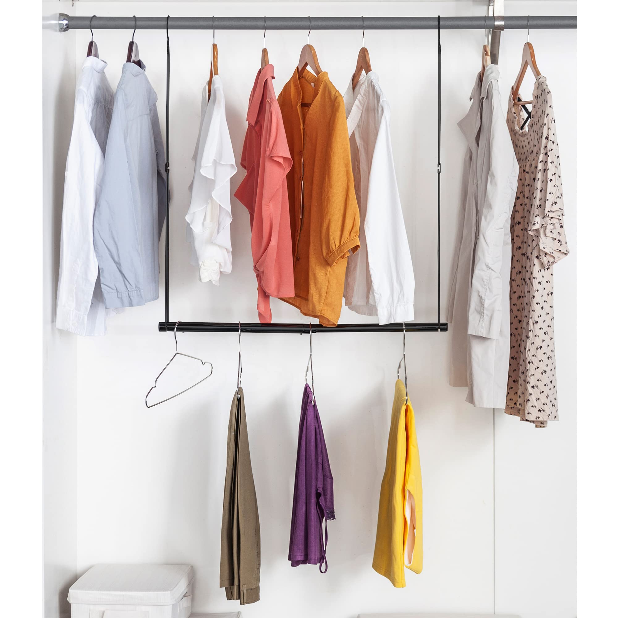 Storage Maniac Hanging Closet Rod, Adjustable Width And Height Closet Hanging Organizer, Space-Saving Clothes Hanging Bar, Close