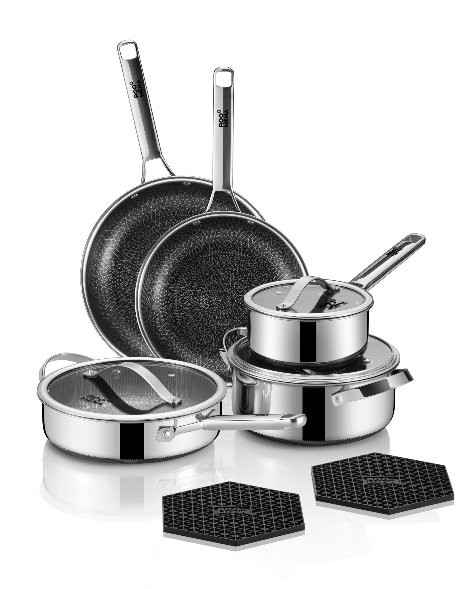 Pots and Pans Set Hybrid Stainless Steel, 10PC Nonstick Cookware Set