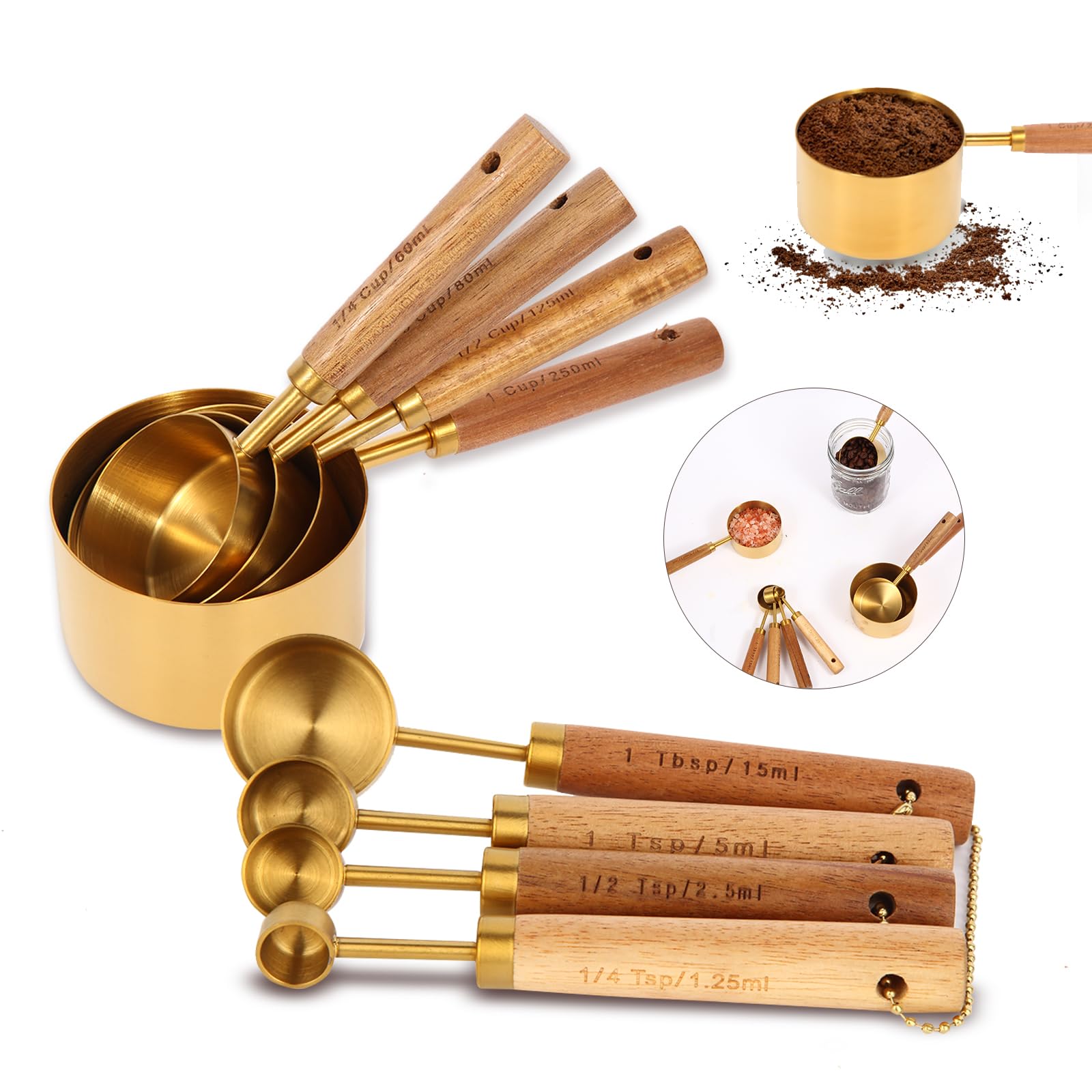 Gold Measuring Cups And Spoons Set With Fragrant Wood Handles, Premium Stainless Steel Measuring Spoons And Measuring Cups Set,