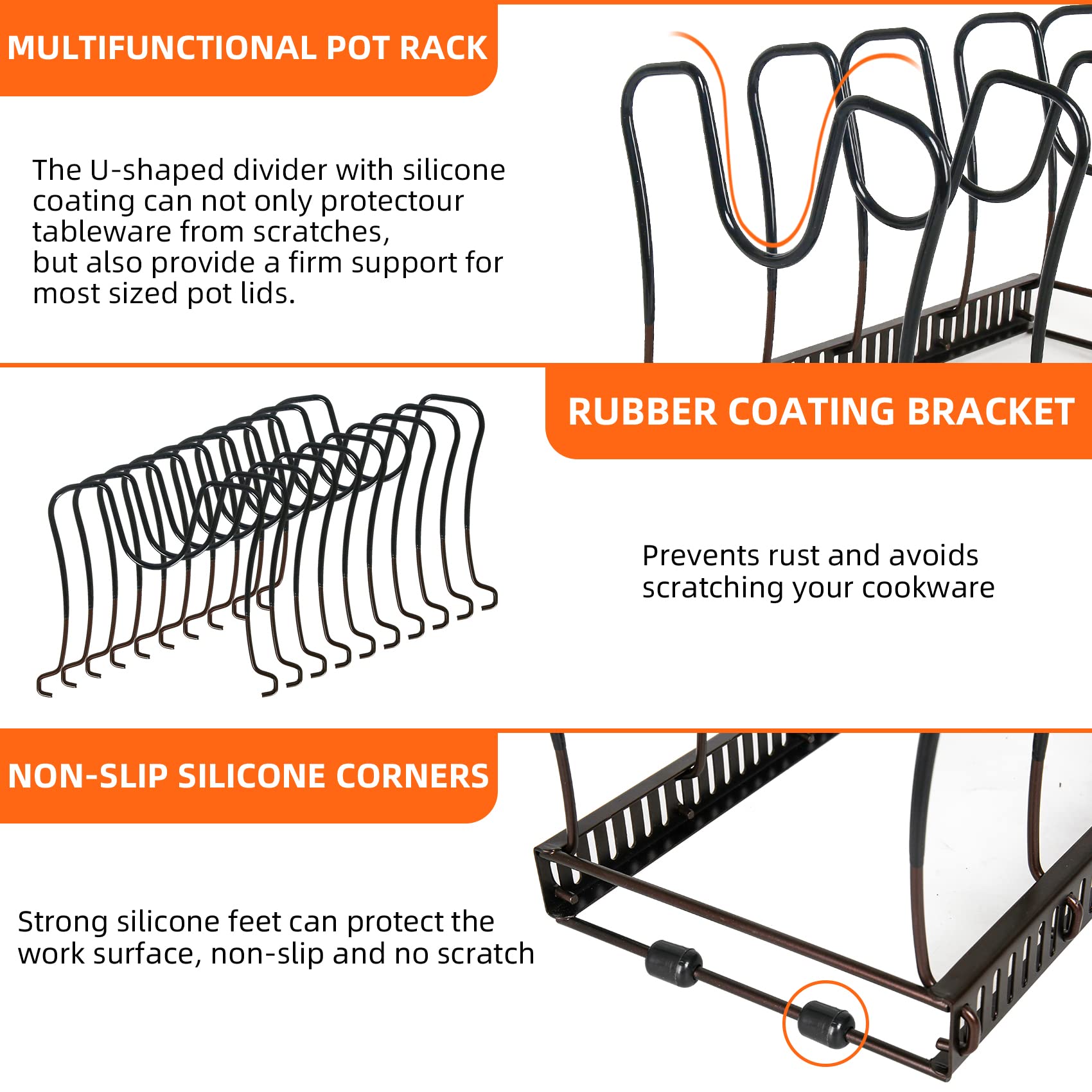Roohua Pot Rack -Expandable Pan Organizer For Cabinet,Pot Lid Holder With 10 Adjustable Compartment For Kitchen Cabinet Cookware