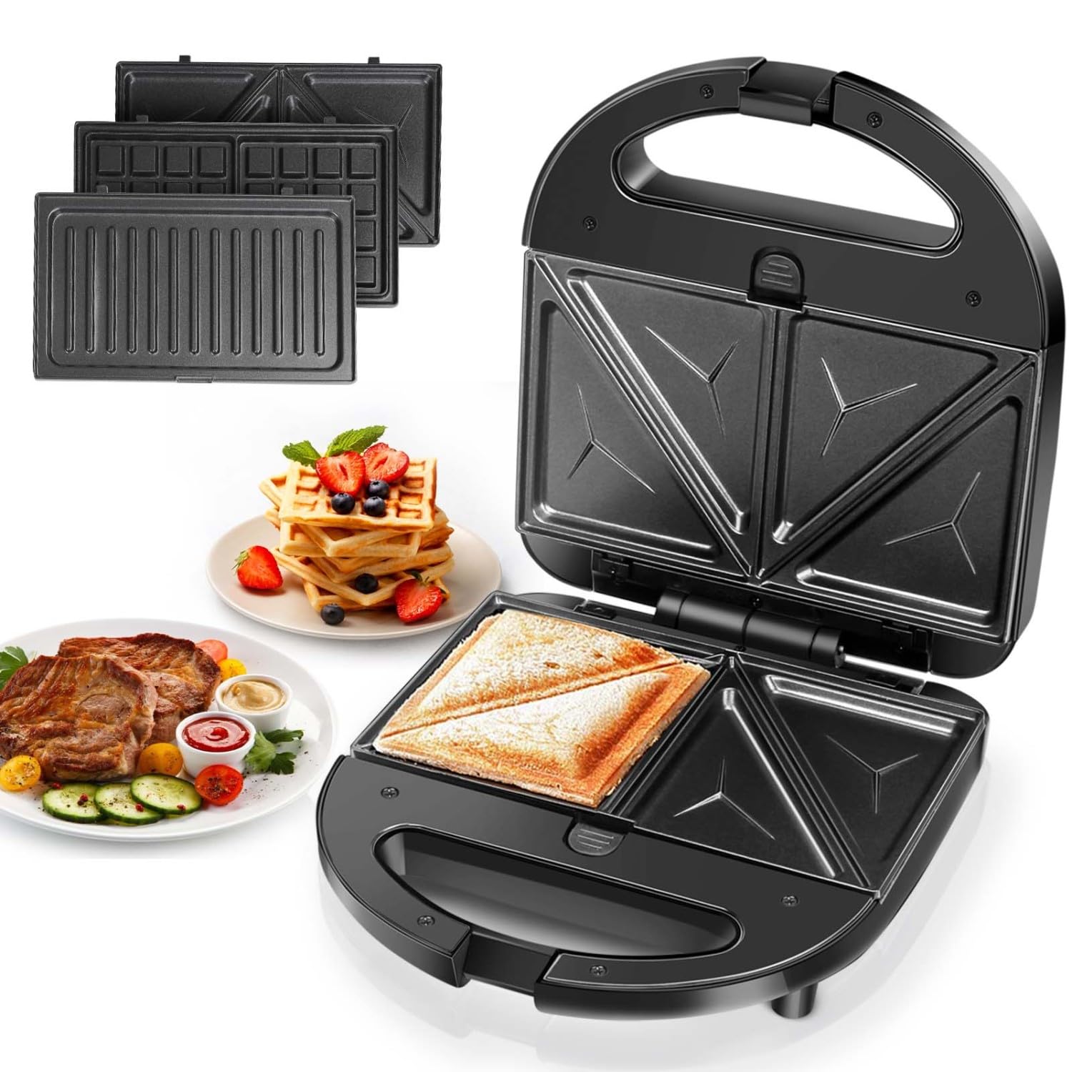 Aigostar Sandwich Maker Panini Press Grill, 3 in 1 Waffle Maker with Removable Non-stick Plates, Electric Grilled Cheese Maker, 