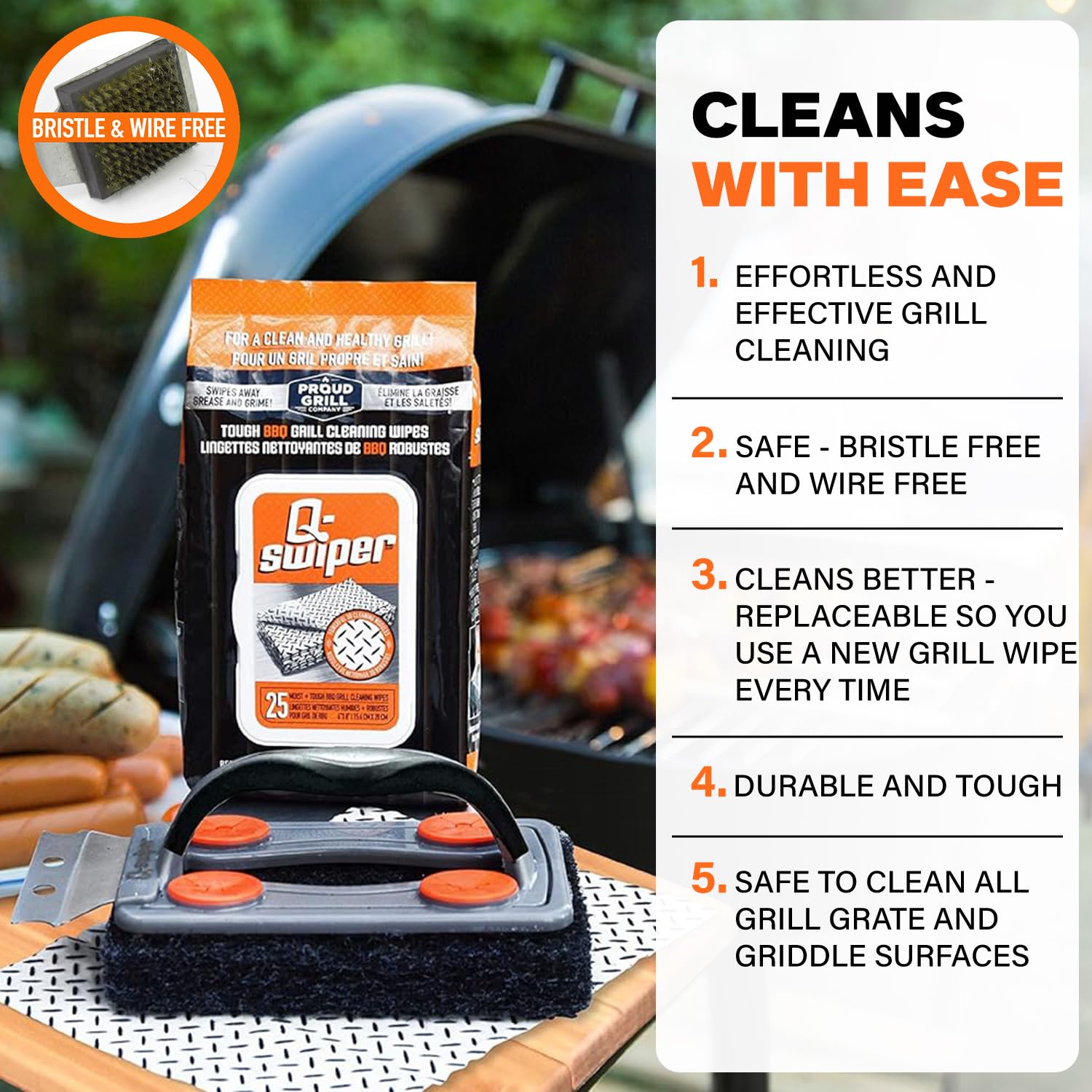 Q-Swiper Bbq Grill Cleaner Set - 1 Grill Brush With Scraper And 25 Bbq Grill Cleaning Wipes | No Bristles & Wire Free | Safe Way