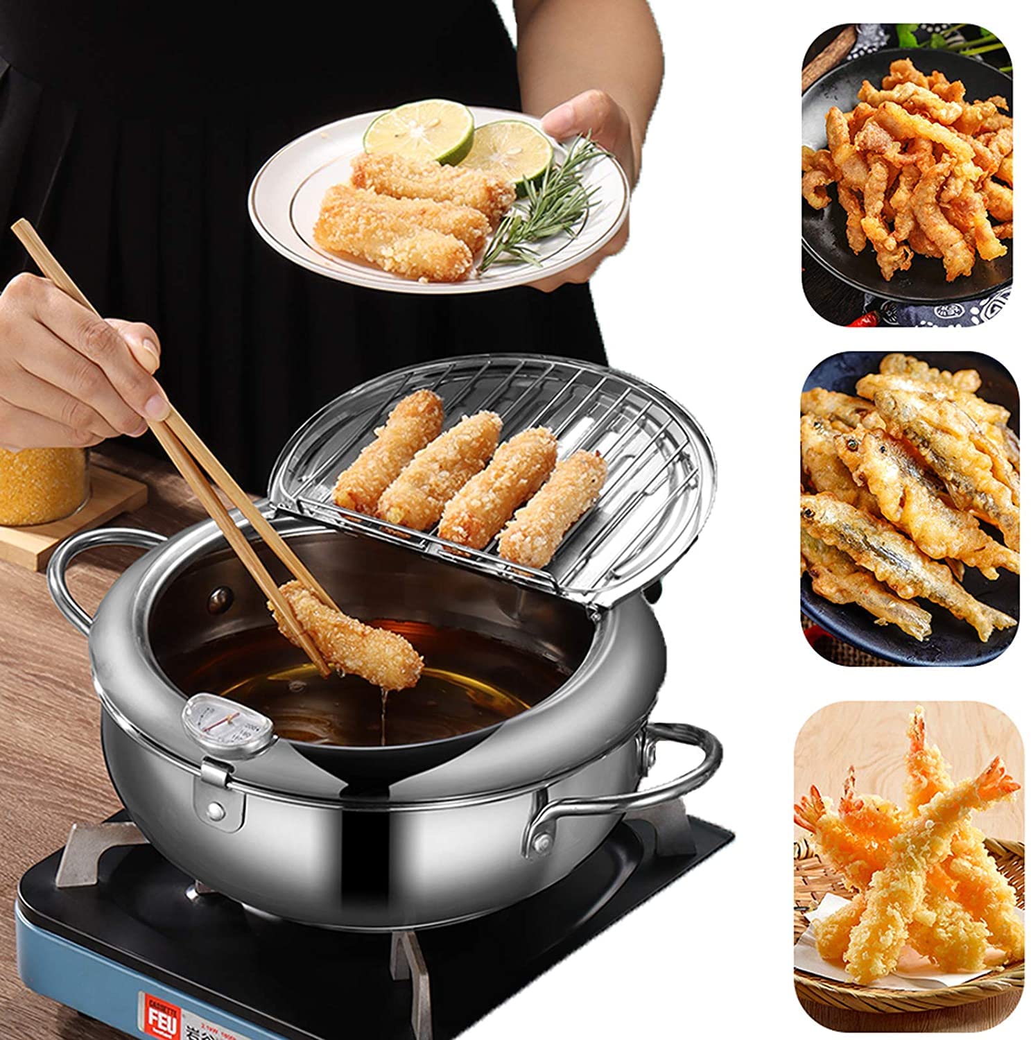 DIY HOME Stainless Steel Deep Fryer Pot with Thermometer, Lid & Drip Rack, 24cm/9.4inch, Silver for Tempura, Fries & Wings