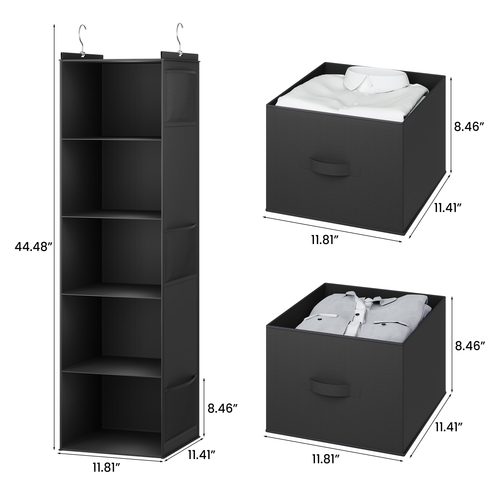 Youdenova Hanging Closet Organizer, 5 Tier Hanging Closet Shelves With Drawers And 6 Side Pockets, Black