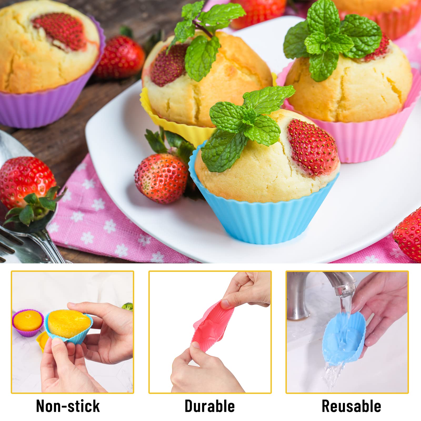 Letgoshop Silicone Cupcake Liners Reusable Baking Cups Nonstick Easy Clean Pastry Muffin Molds 4 Shapes Round, Stars, Heart, Flo