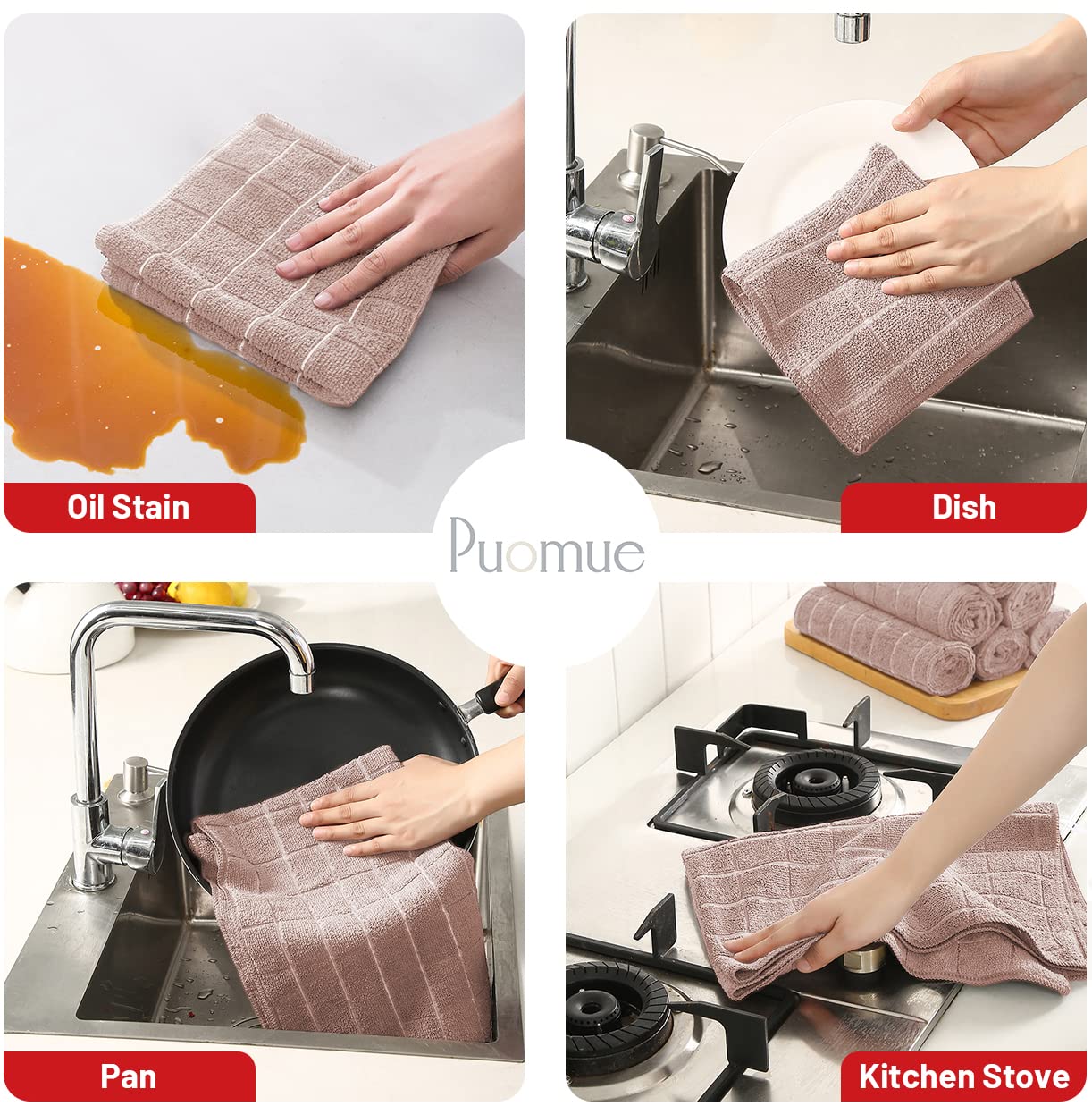 Puomue Microfiber Kitchen Towels And Dishcloths Set, 26 X 18 Inch And 12 X 12 Inch, Set Of 12 Bulk Lint Free Dish Towels For Dry