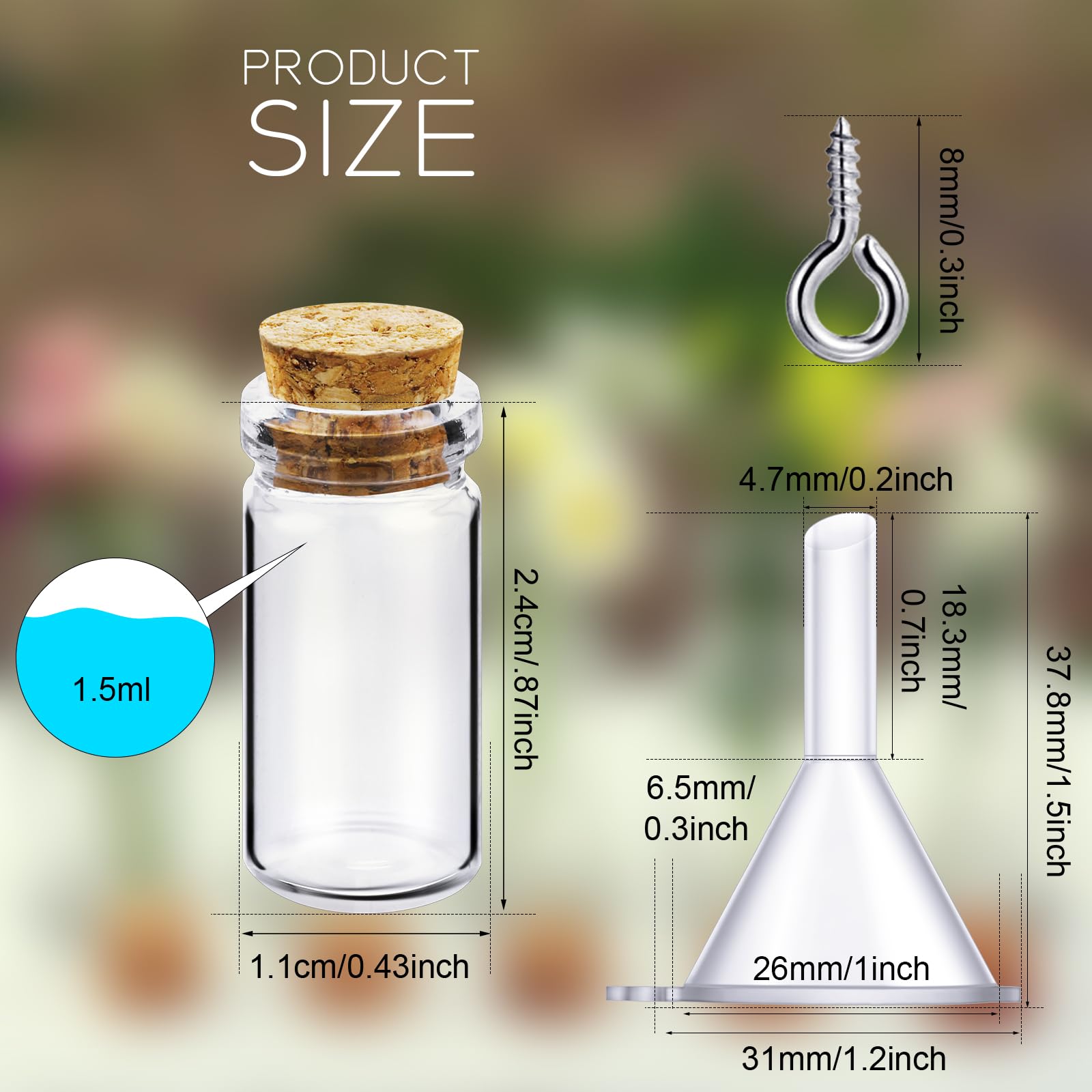 Yungyan 50 Pieces Small Mini Glass Bottles Jars with Cork Stoppers Set, Tiny Cork Glass Bottles with Eye Screws and Small Funnel