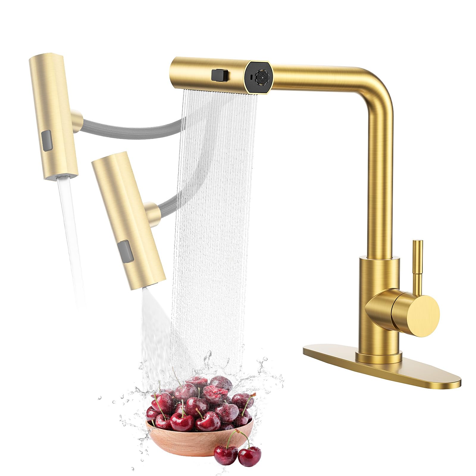 Waterfall Kitchen Sink Faucet With Sprayer: 3 Modes(Waterfall/Stream/Sweep) Pull Down Sprayer - Iviga Gold Splash Proof Sink Fua