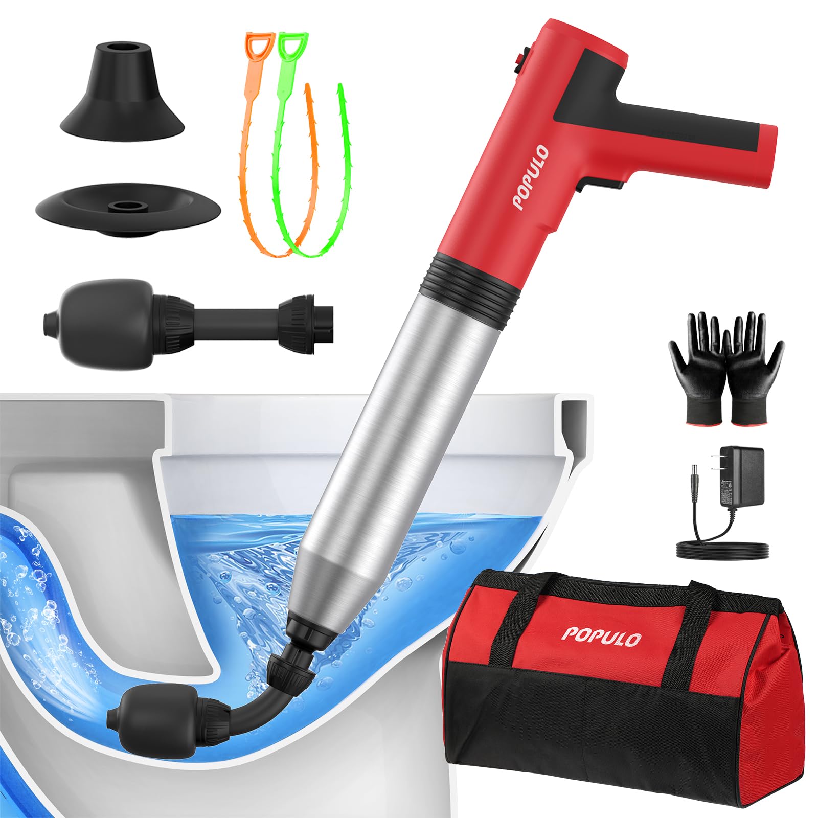 Populo Ultimate Electric Toilet Plunger - Say Goodbye To Splashback And Clogs With Our Upgraded Bendable Head And Safe Designs -