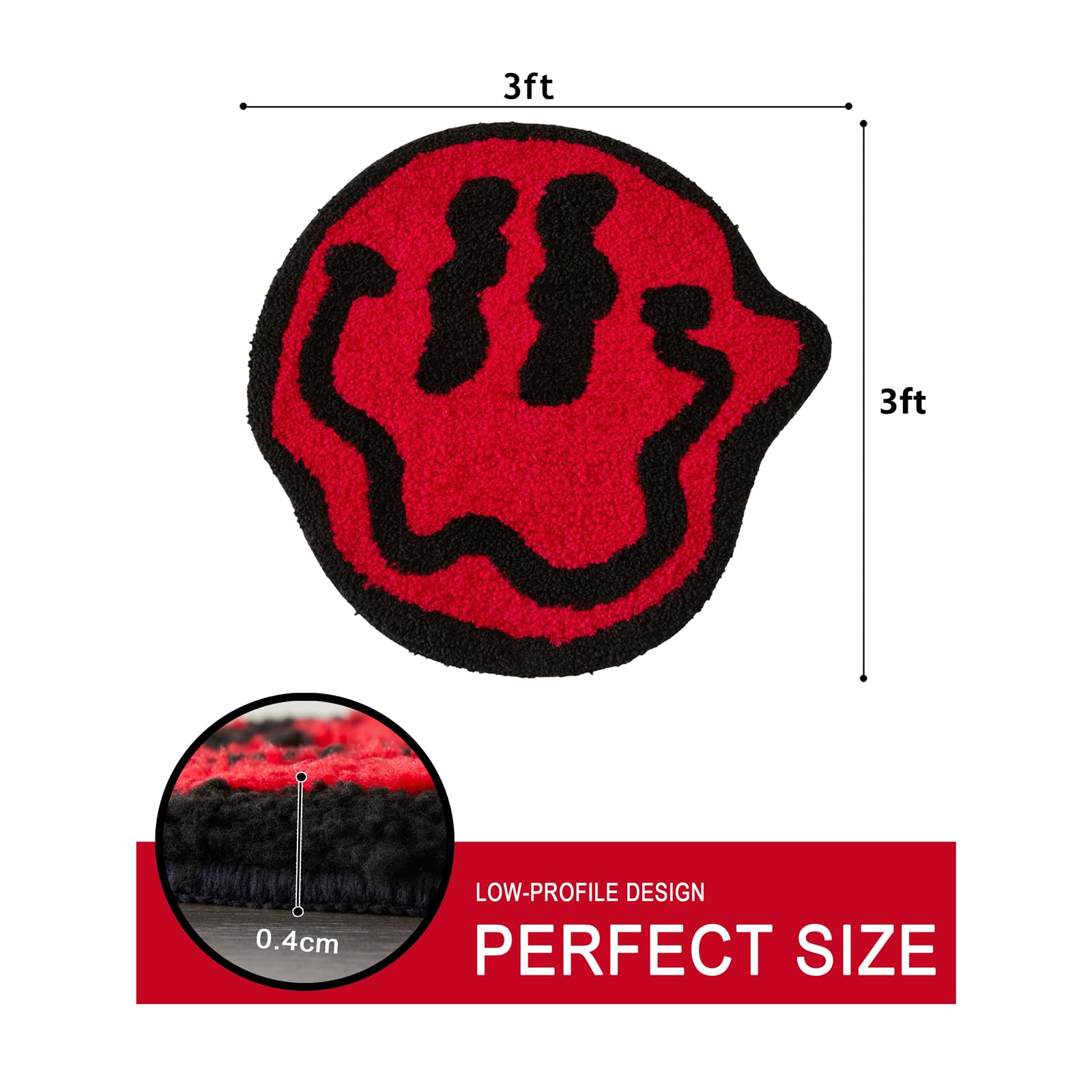 Estmy Trippy Cute 2Ft Round Bathroom Rugs Red/Black Non Slip Rubber Backed Washable, Groovy Aesthetic Happy Face Abstract Hippie