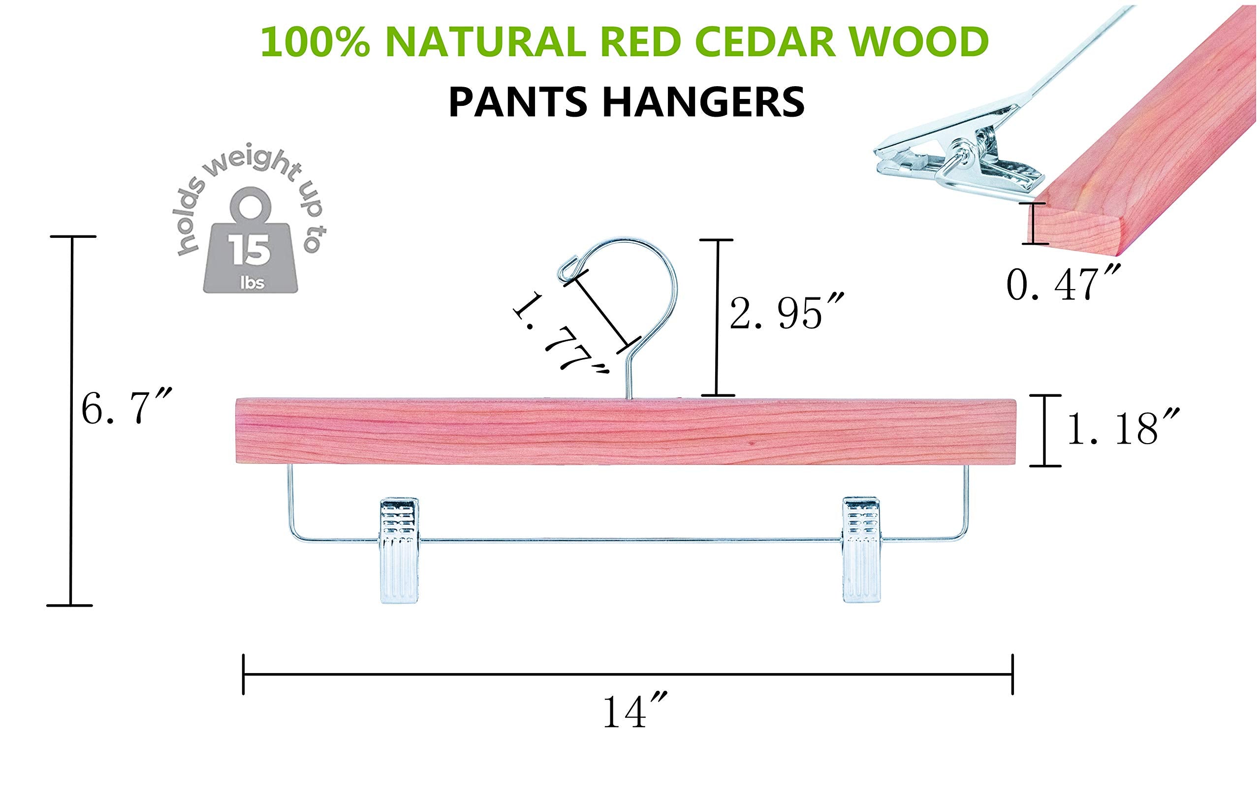 Amber Home American Red Cedar Wood Pants Hangers 12 Pack, Natural Cedar Wooden Slacks Skirts Hangers With 2-Adjustable Clips, Bo