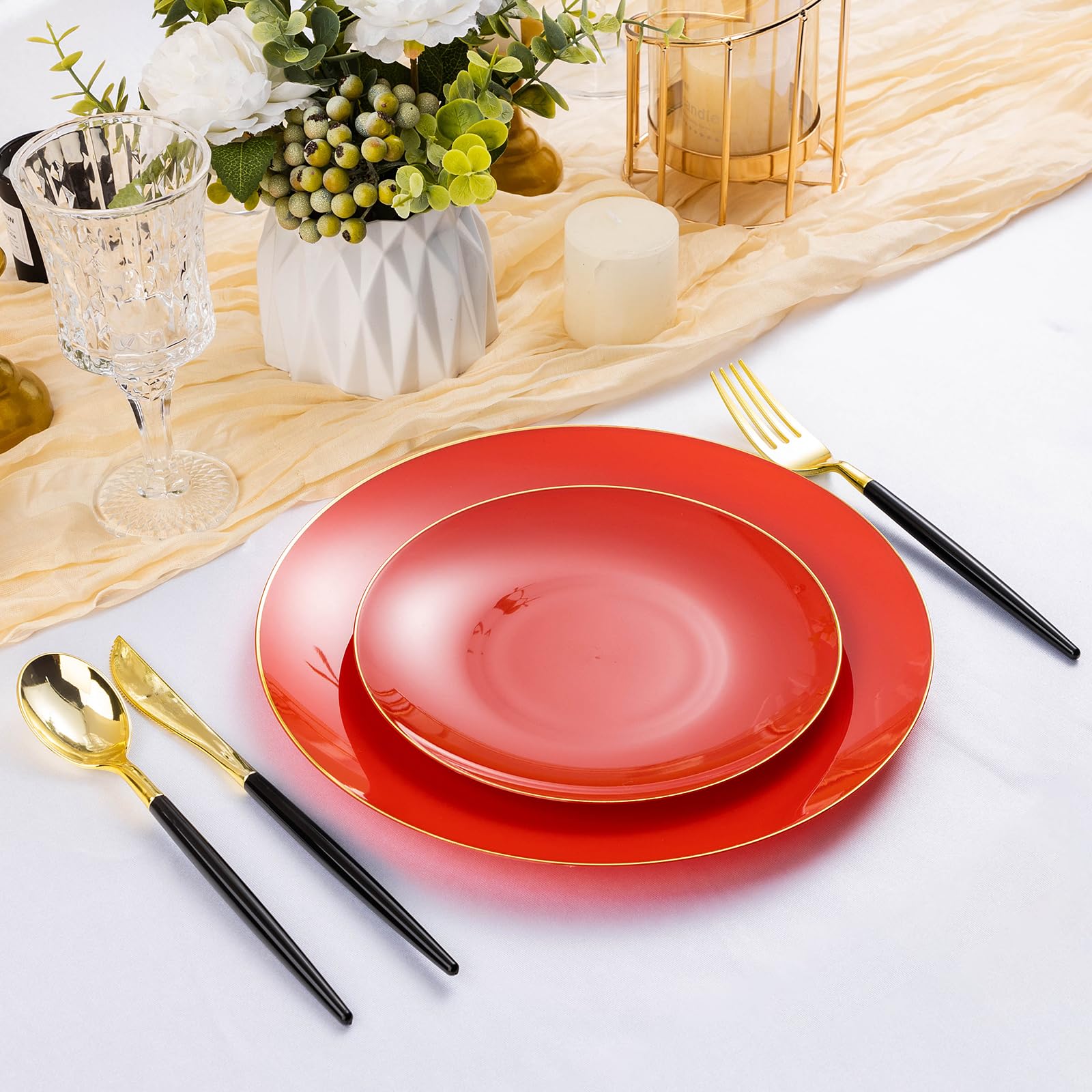 Bestluck 100Pcs Red Plastic Plates, Red Disposable Plates For 50 Guests, Red And Gold Plates Include 50 Red Party Plates, 50 Red