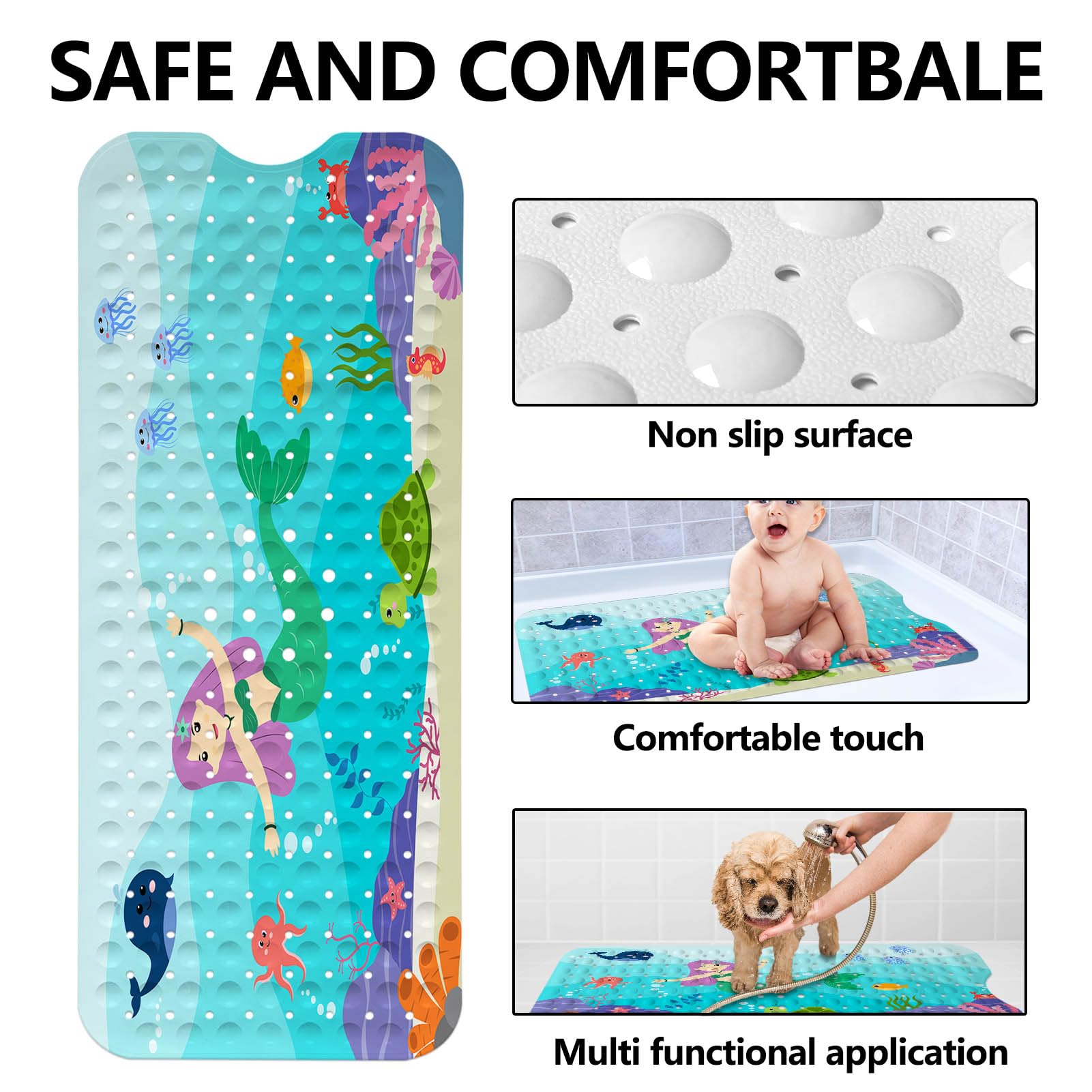 Lnond Bath Mat For Tub For Kids, Ocean Mermaid Kids Bathtub Mat, Kids Bath Mats For Bathroom Non Slip With Drain Holes And Sucti