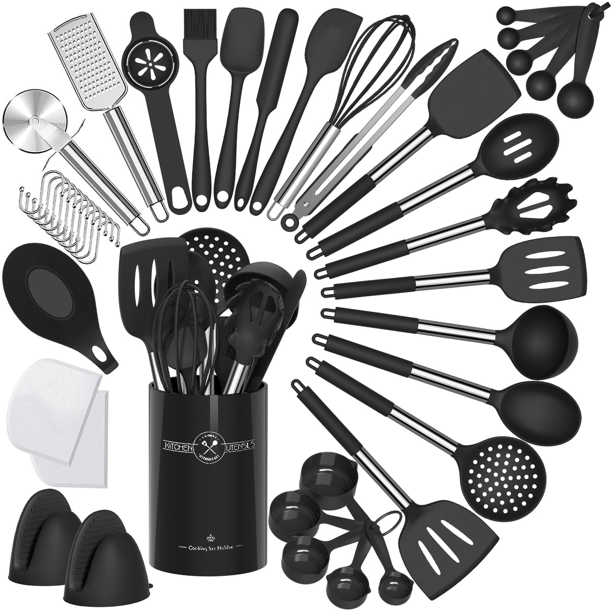 Silicone Kitchen Cooking Utensils Set-Umite Chef 43 Pcs Heat Resistant Kitchen Utensils, Black Kitchen Gadgets Tools Set With St
