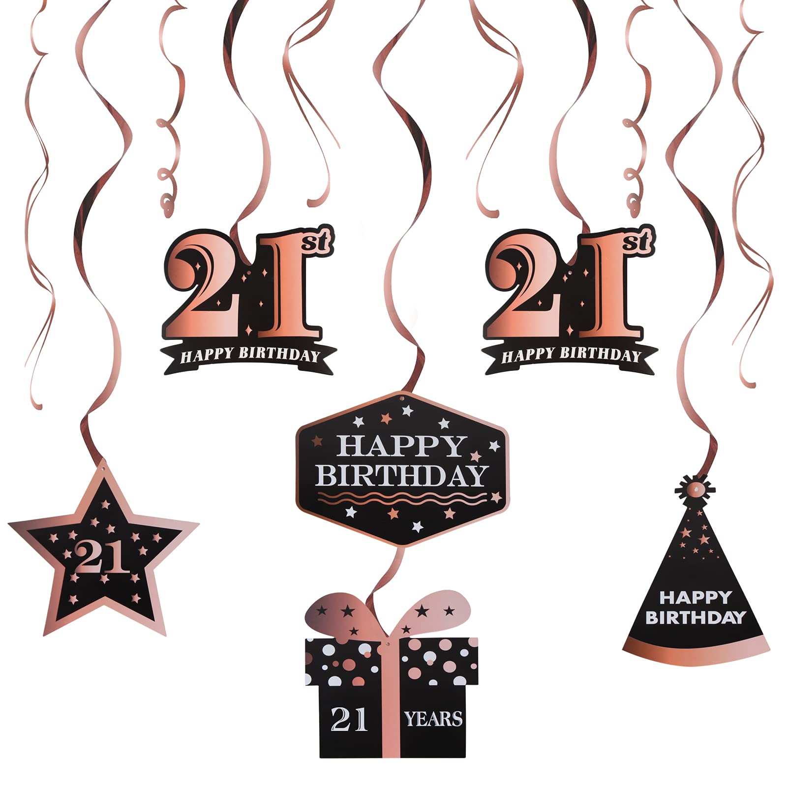 Lingteer Happy 21St Birthday Decorations,21St Birthday Black With Rose Swirls Hanging Streamer Kit,Cheers To 21 Years Old Bday F