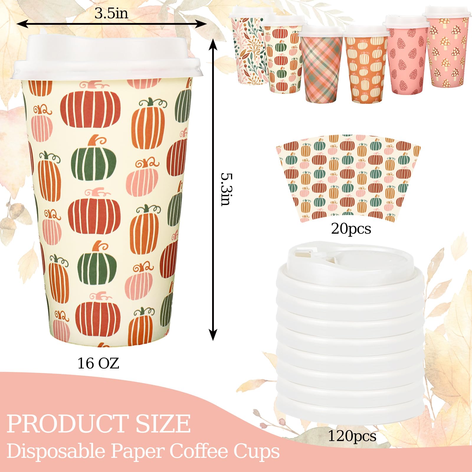 FYSUIMU 120 Sets Boho Fall Disposable Coffee Cups with Lids 16Oz Pumpkin Leaves Mushroom Drinking To Go Cup 6 Designs Paper Cup