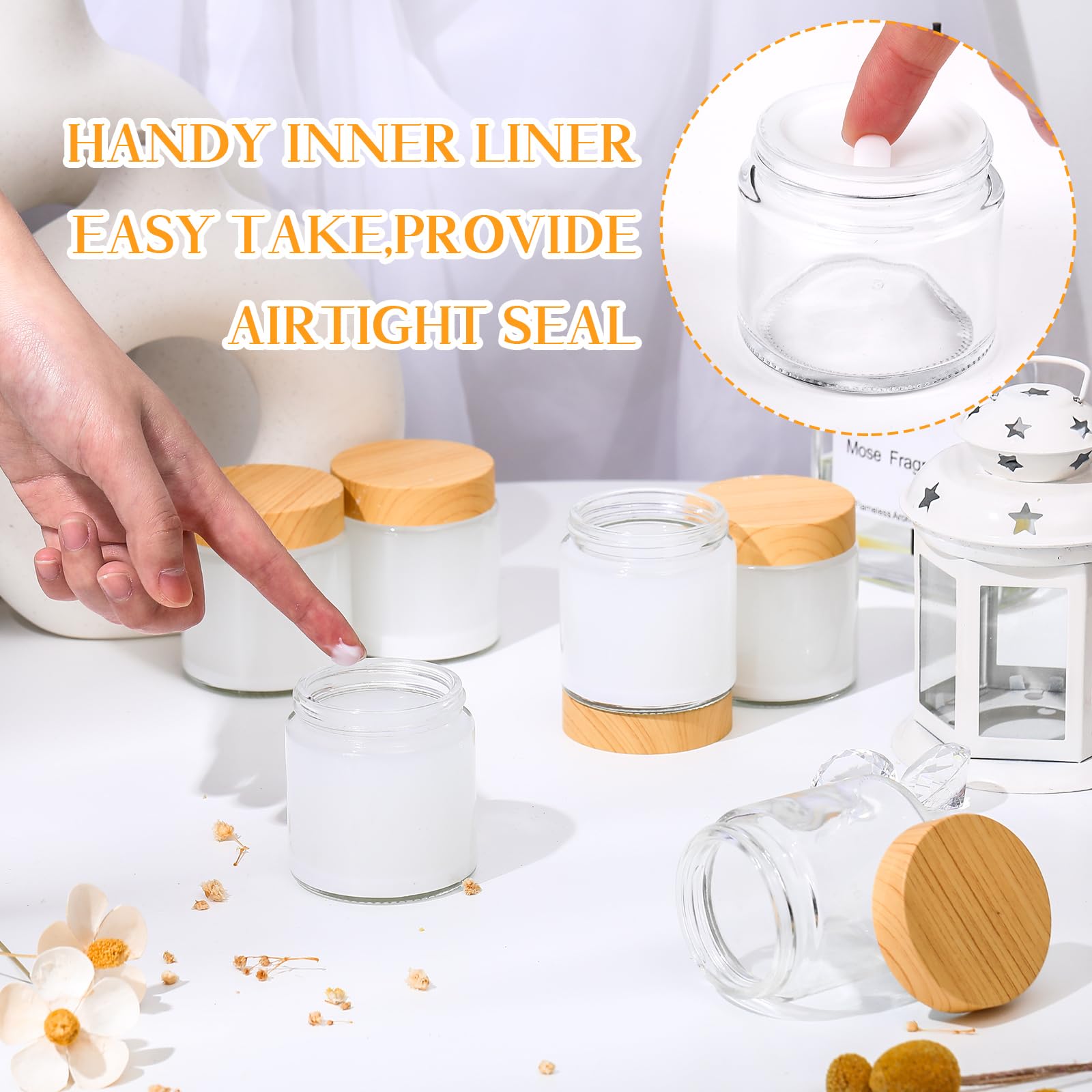 Norme 48 Pcs 4 oz Clear Glass Jars with Lids - Reusable Airtight Cosmetic Containers, Plastic Woodgrain Lids, Model RUX-Norme-1055