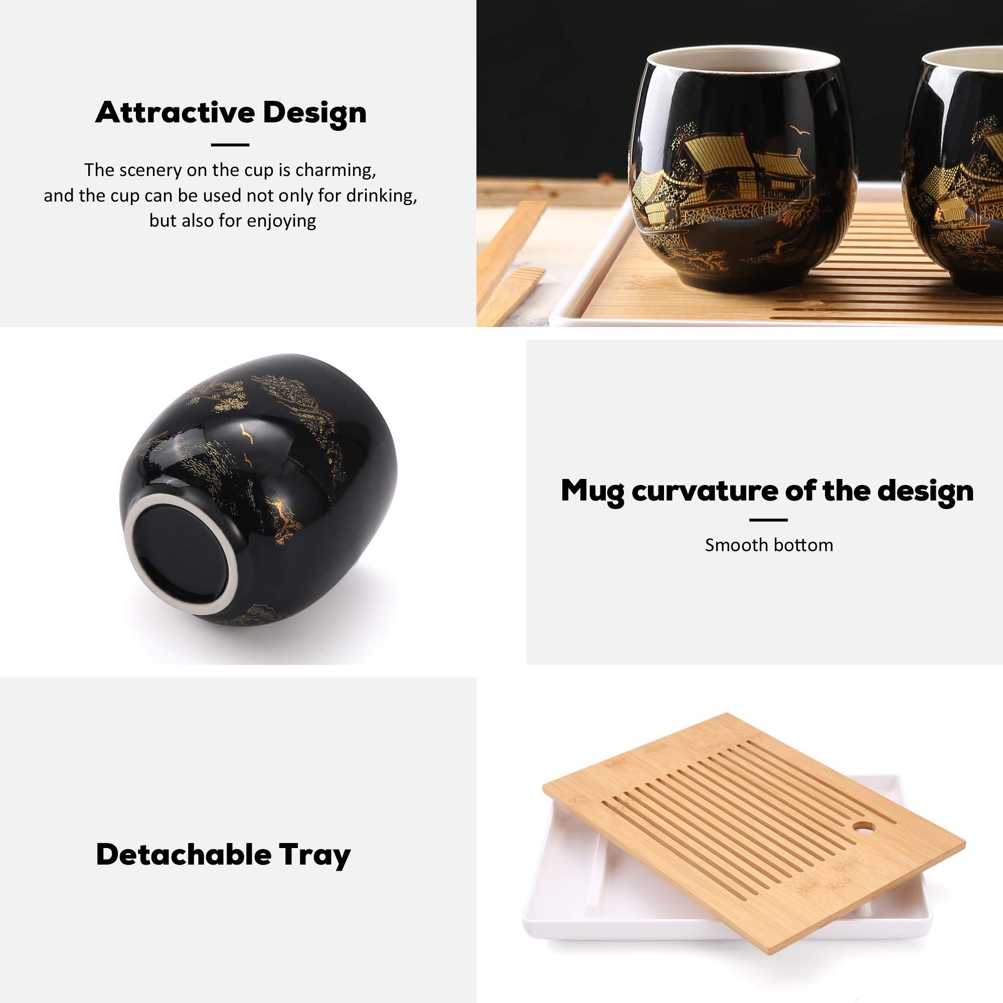 Dujust Japanese Beautiful Asian Porcelain Tea Set, Black With 1 Teapot, 6 Tea Cups, 1 Tea Tray, 1 Stainless Infuser For Adults,