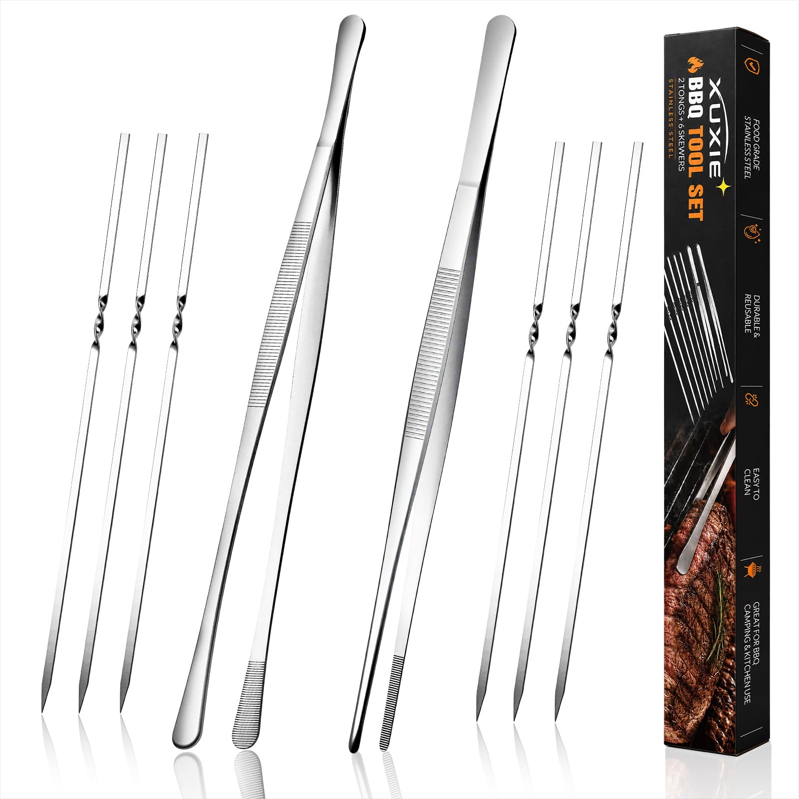 2 Pcs Cooking Tweezers, 12 Kitchen Tweezers Tongs with 6 Pcs BBQ Skewers