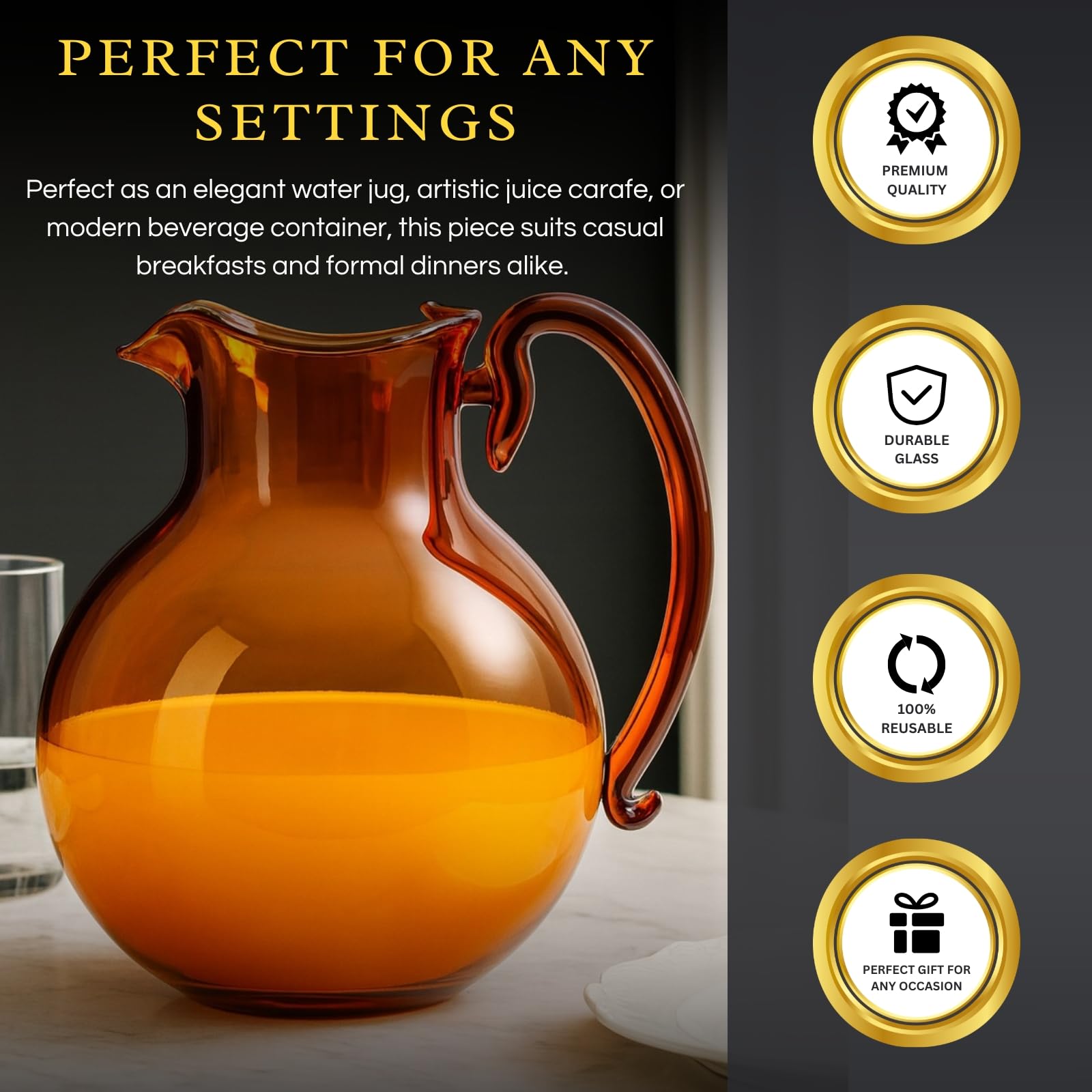Italian Design Amber Glass Jug Mouth-Blown Venetian Pitcher 750ml Handmade Murano