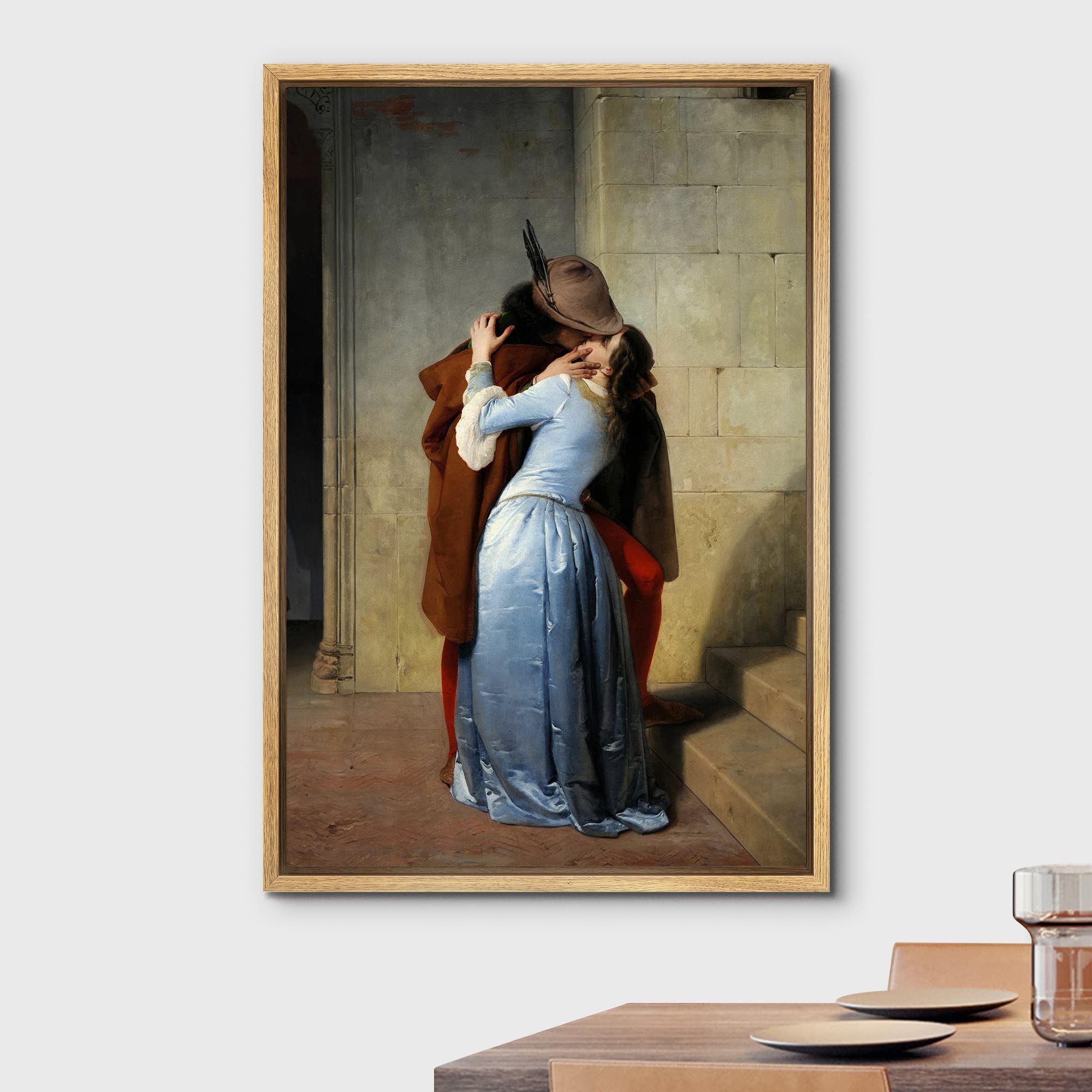 Wall26 The Kiss (Il Bacio) By Francesco Hayez - Framed Canvas Print Wall Art Famous Painting Reproduction - 24''X36'' Natural