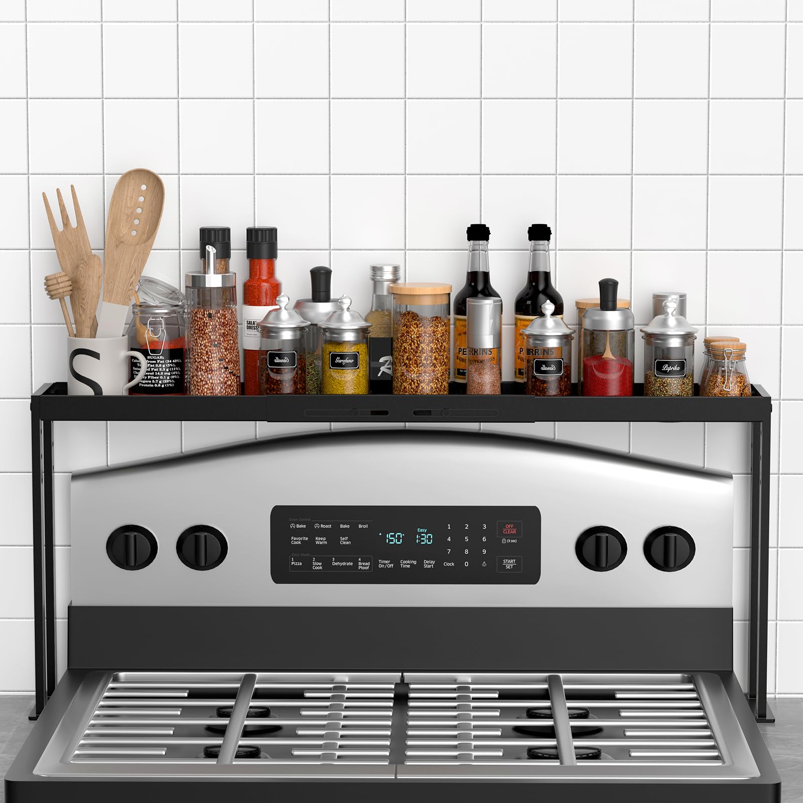 BOIVSHI Stove Top Shelf, Kitchen Over Shelf for Stove, Stove Spice Rack for Top, Adjustable 2733inch, Fits Various Stove Length