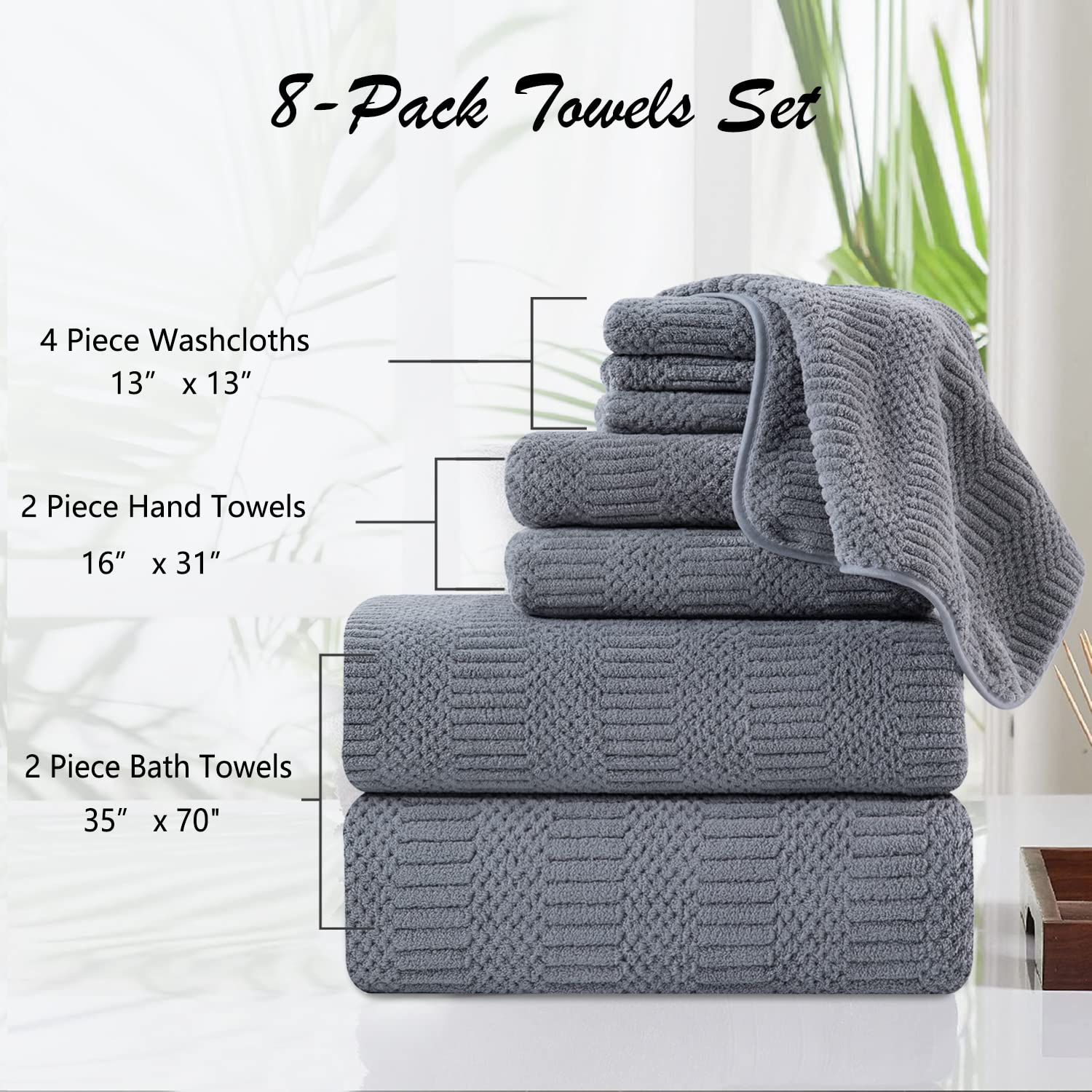 8 Piece Oversized Gray Bath Towel Set-2 Extra Large Bath Towel Sheets 2 Hand Towels 4 Washcloths-600GSM Soft Highly Absorbent Quick Dry Beach Chair Towels Woven Towels for Bathroom Hotel and Spa
