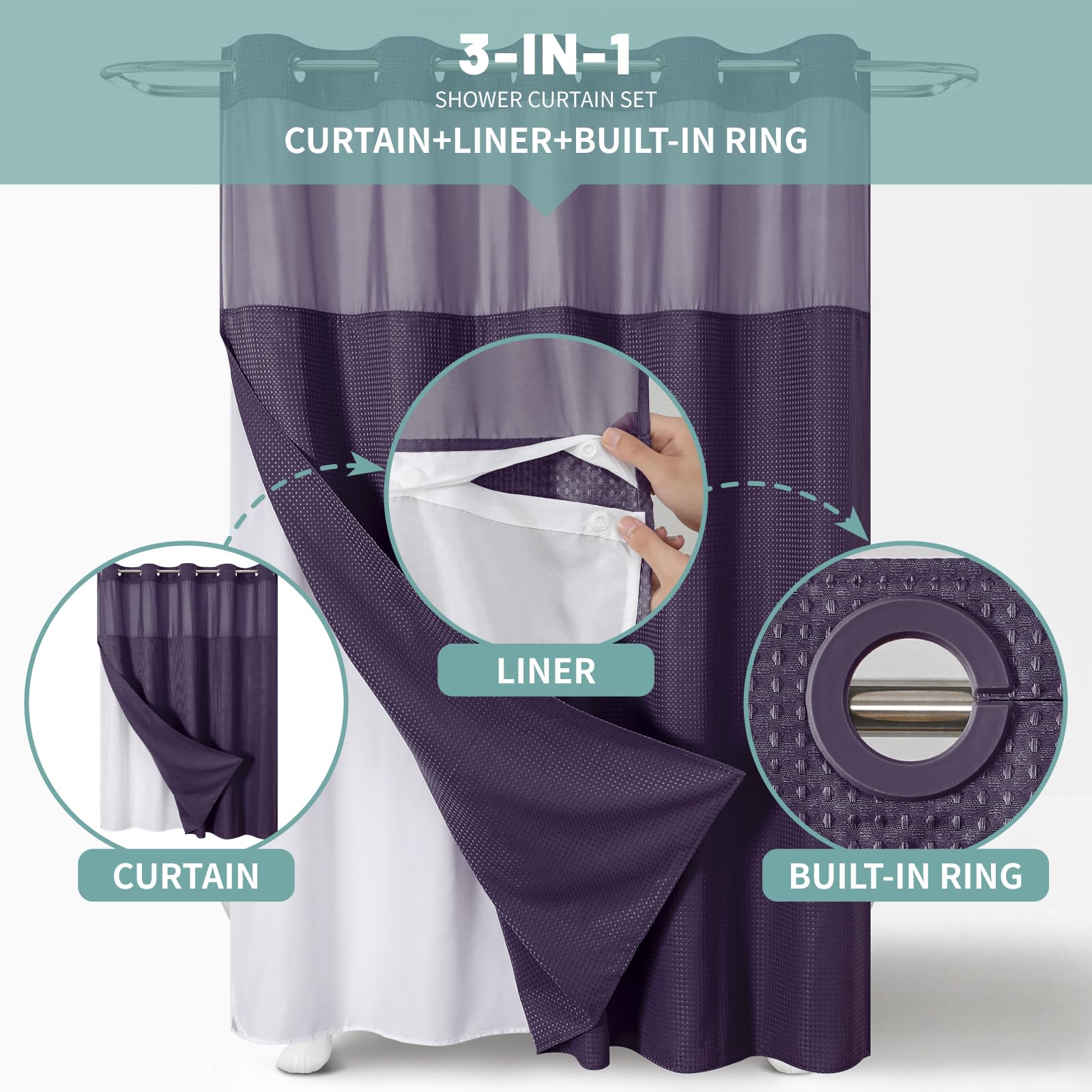 Eachope Purple No Hook Waffle Weave Shower Curtain With Snap-In Liner Replacement, 230Gsm Waterproof Fabric Hotel Shower Curtain