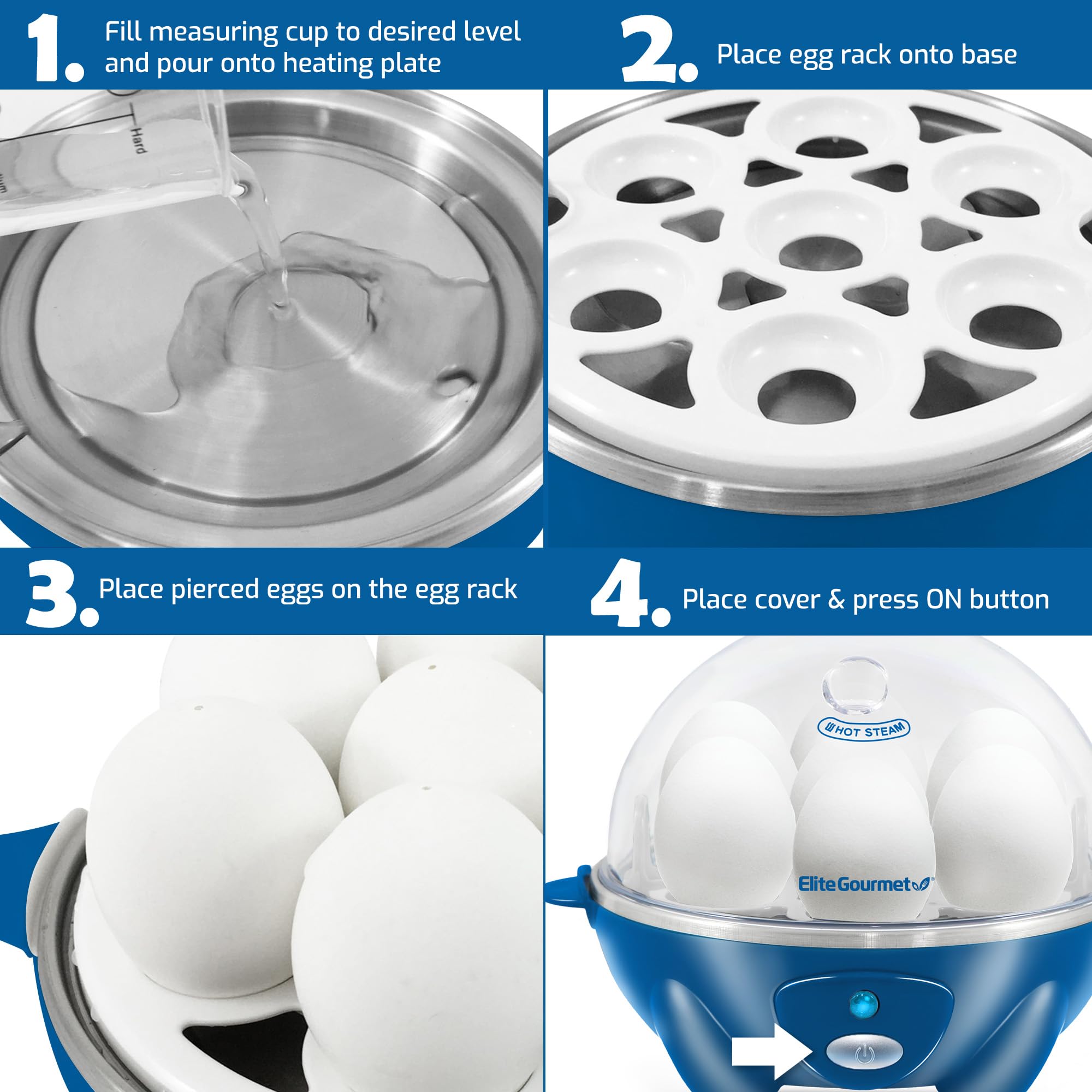 Elite Gourmet Egc700Bl# Rapid Egg Cooker, 7 Easy-To-Peel, Hard, Medium, Soft Boiled Eggs, Poacher, Omelet Maker, Auto Shut-Off,