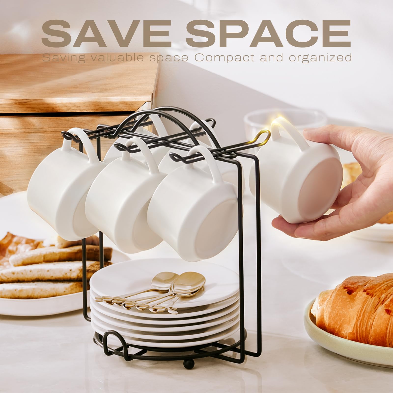 Lareina Espresso Cups With Saucers, Spoons And Metal Stand, Small 4 Oz Ceramic Cappuccino Coffee Cups Set Of 6, Cute Demitasse C