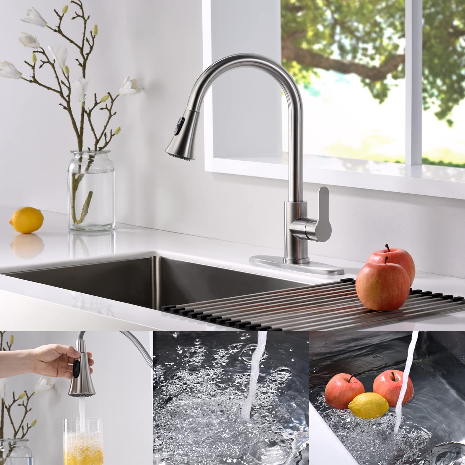 AMAZING FORCE Kitchen Faucet with Pull Down Sprayer 2 Modes Stainless Steel Kitchen Sink Faucet Single Handle Faucet for Kitchen Sink RV Kitchen Faucet Laundry Sink Faucet with 1.8GPM  Brushed Nickel