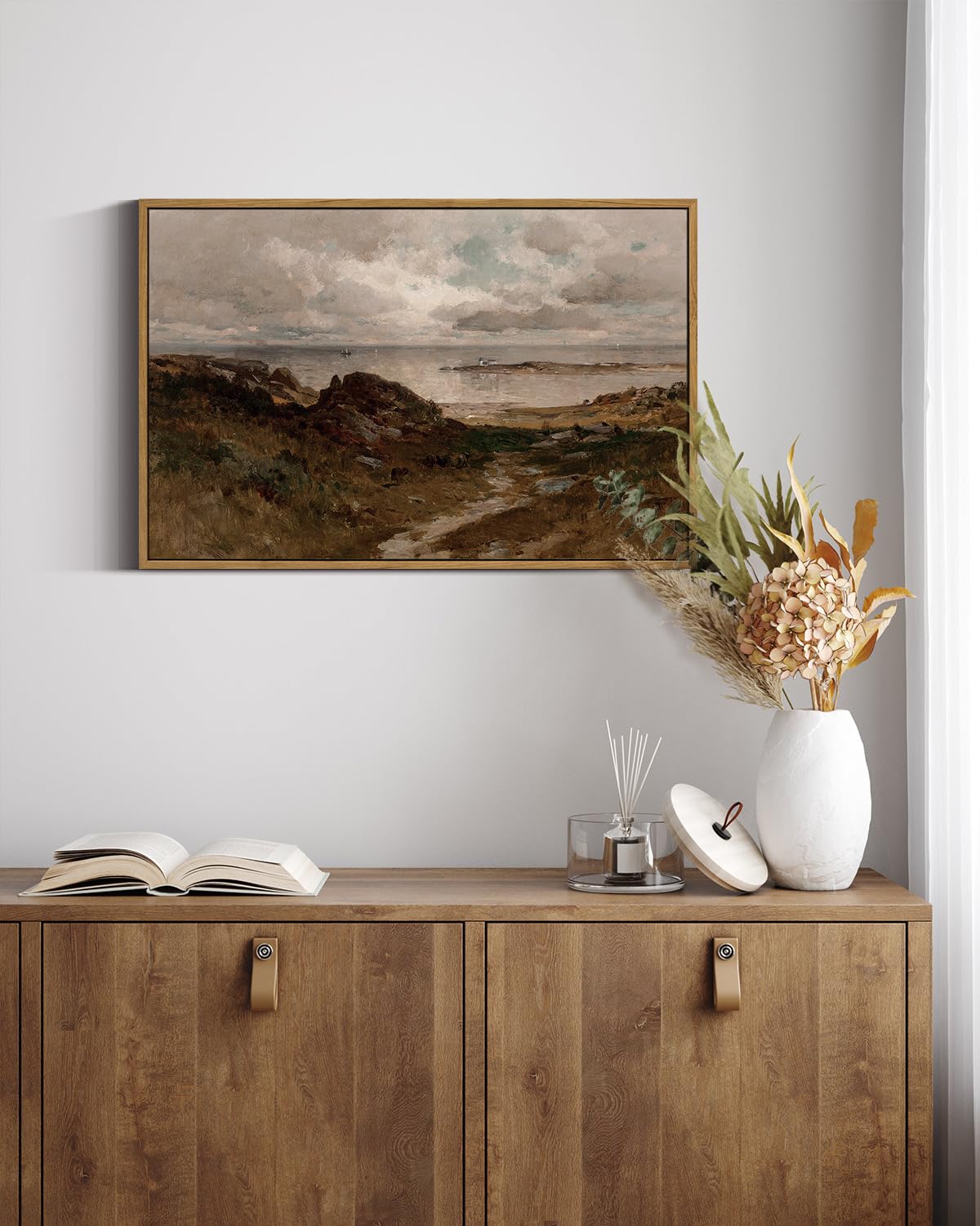 Insimsea Framed Canvas Wall Art Vintage Decor, Seaside Path Wilderness Landscape Paintings Artwork, Large Prints, Retro Wall Dec