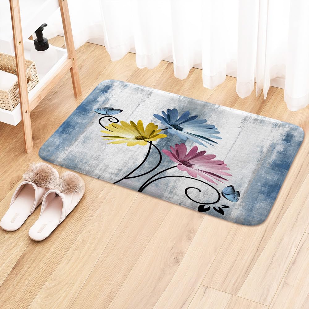 Veivian Rustic Farmhouse Bath Mat, Farm Teal Daisy Floral Flowers Butterfly Country Wooden Bath Rug For Bathroom, Grey White Bat