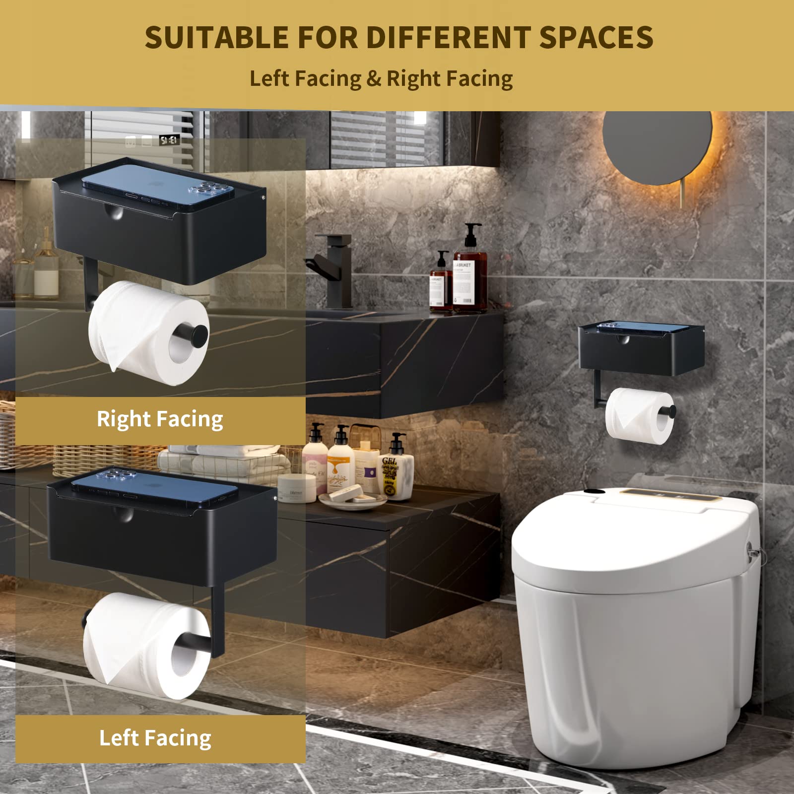 LAYUKI Large Toilet Paper Holder with Shelf  Wipes Dispenser and Storage  Stainless Steel  Wall Mounted  Matt Black  Upgraded Toilet Paper and Flushable Wipes Storage for Bathroom