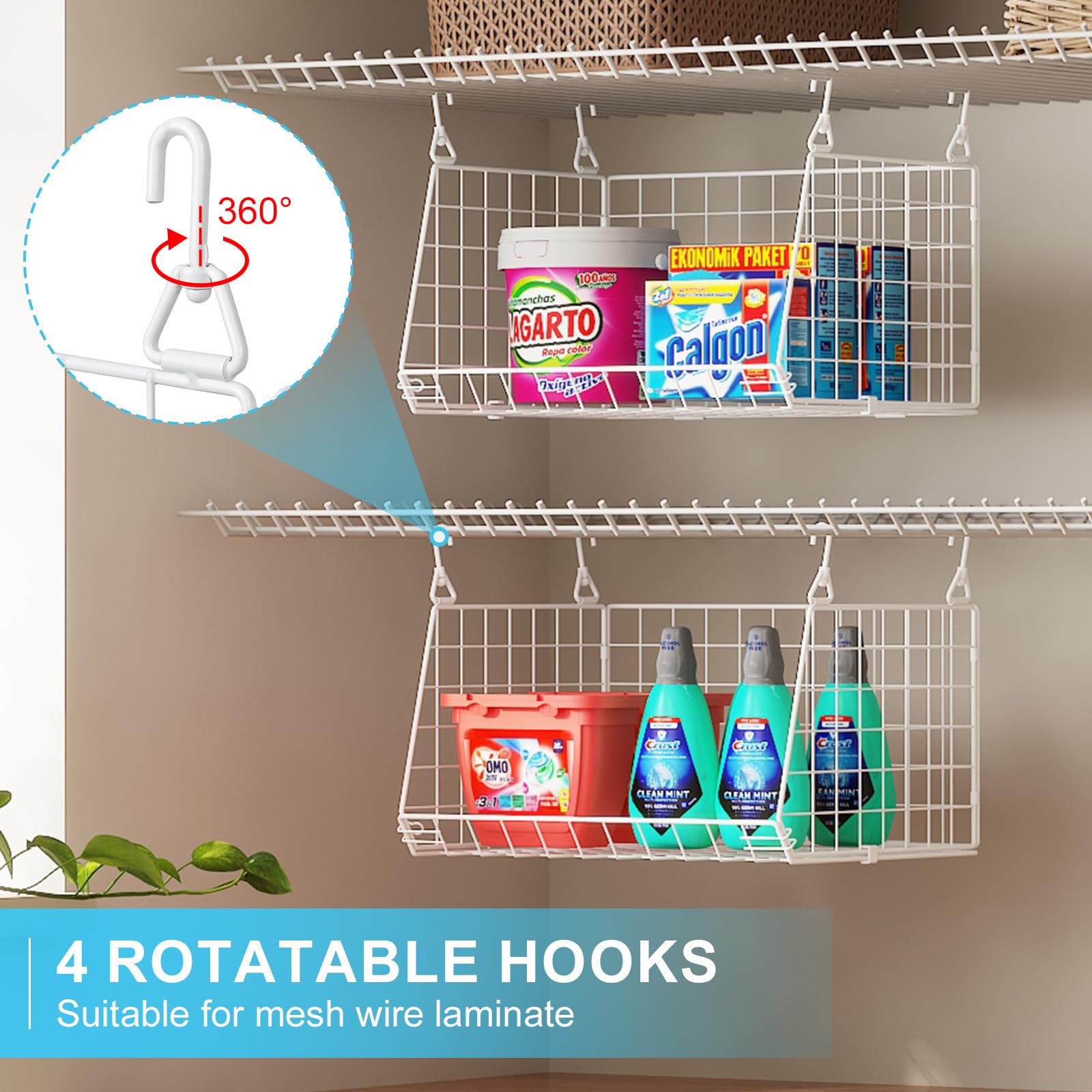 3-Tier Hanging Laundry Basket Organizer:Foldable Wire Shelf Laundry Room Organizer With 360Rotating Hooks Space Saving Over Wash