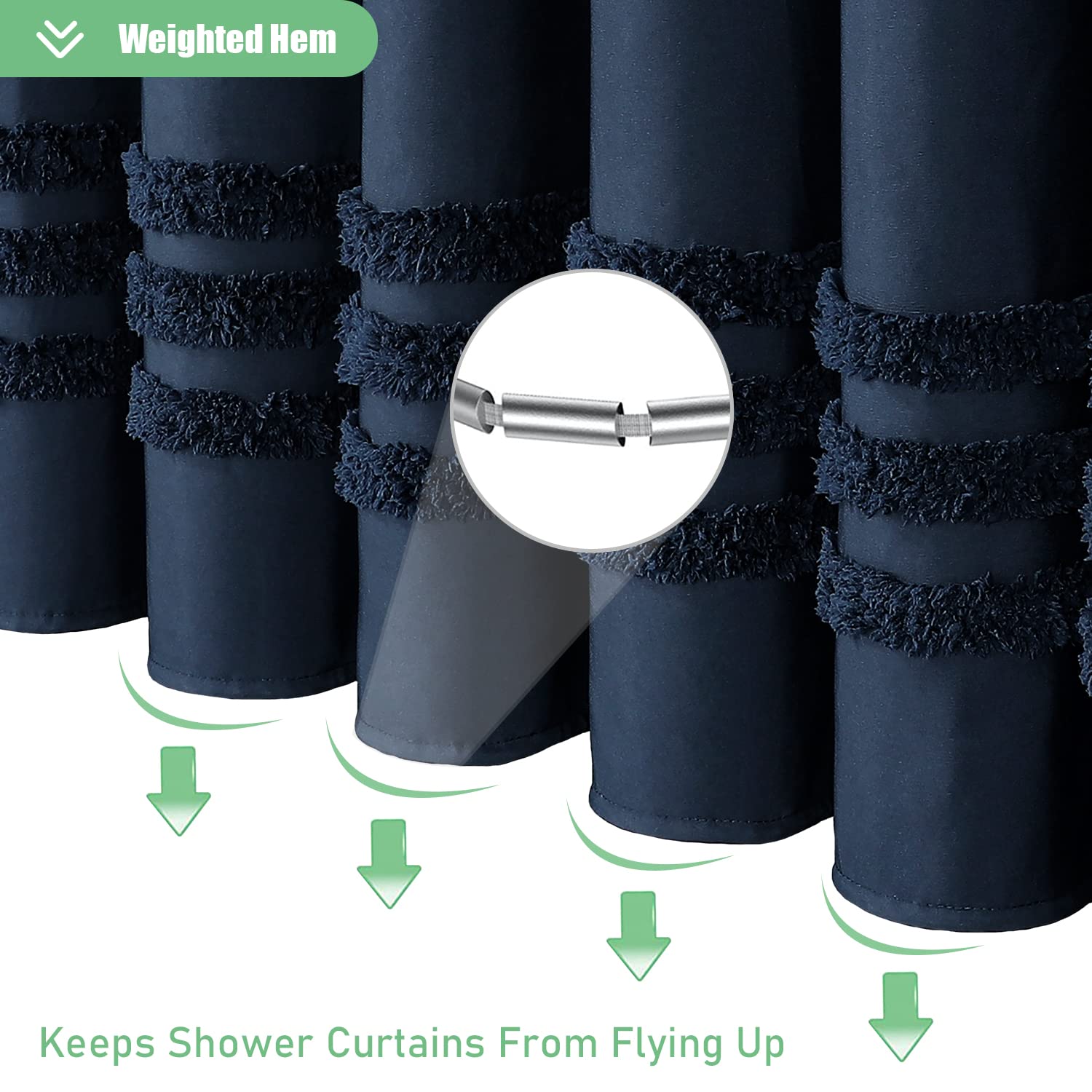 Dynamene Navy Blue Fabric Shower Curtain, Tufted Chenille Striped Textured Cloth Shower Curtains For Bathroom, Boho Farmhouse Sh