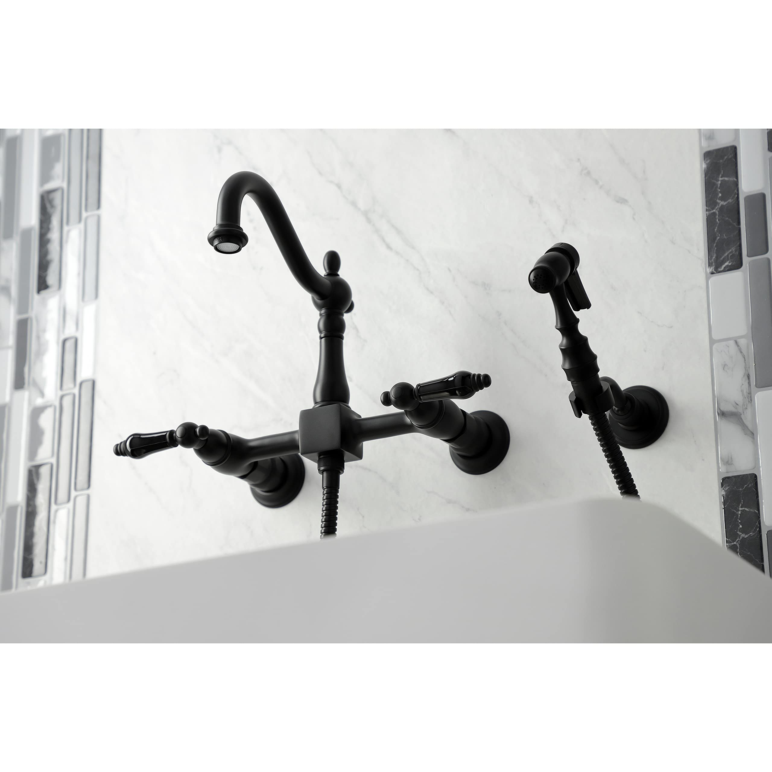 Kingston Brass KS1260PKLBS Duchess Wall Mount Bridge Kitchen Faucet with Brass Sprayer  Matte Black