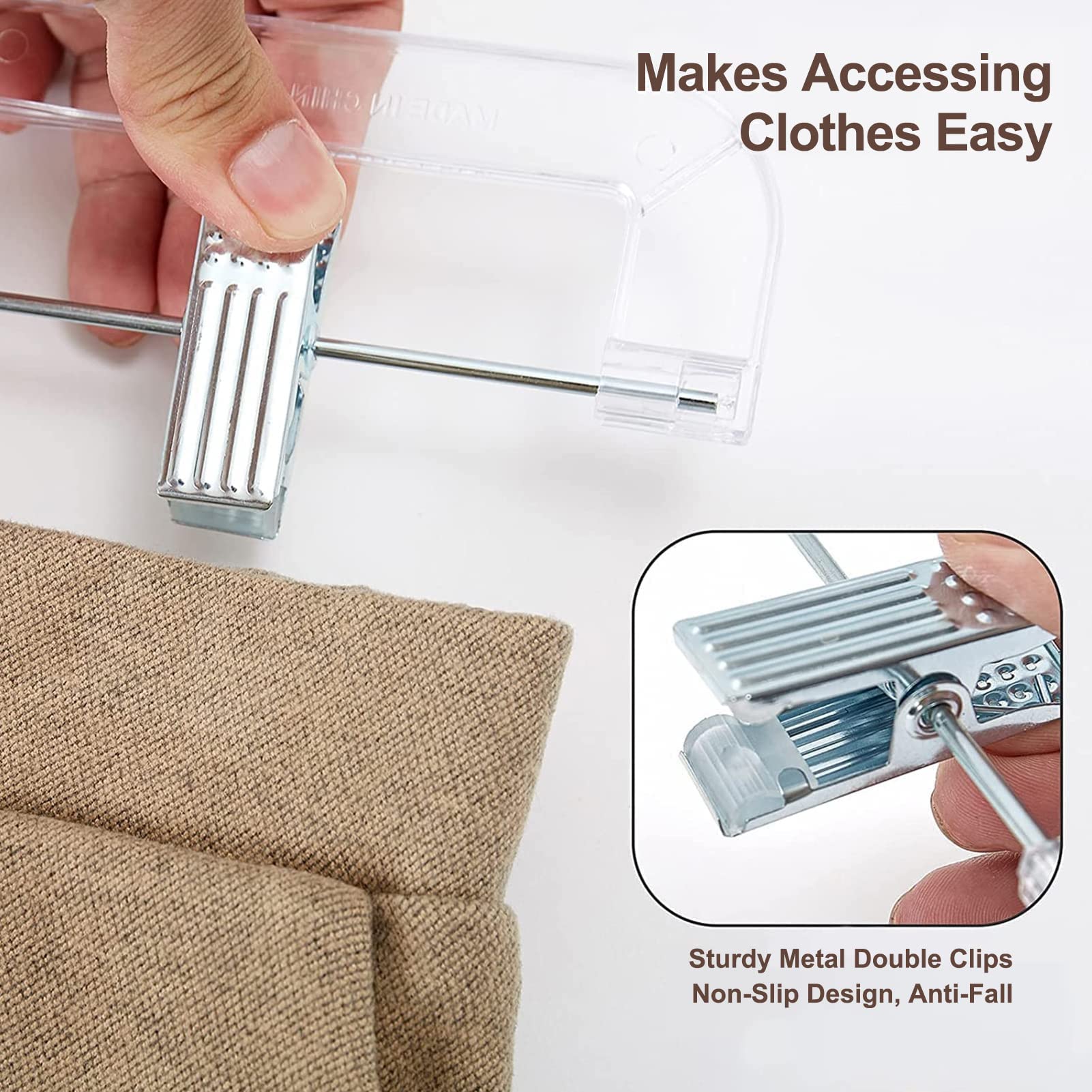 House Day Skirt Hangers Pants Hangers With Clips Clear Plastic Pants Hangers With 2-Adjustable Clips Non-Slip Pants Hangers Spac