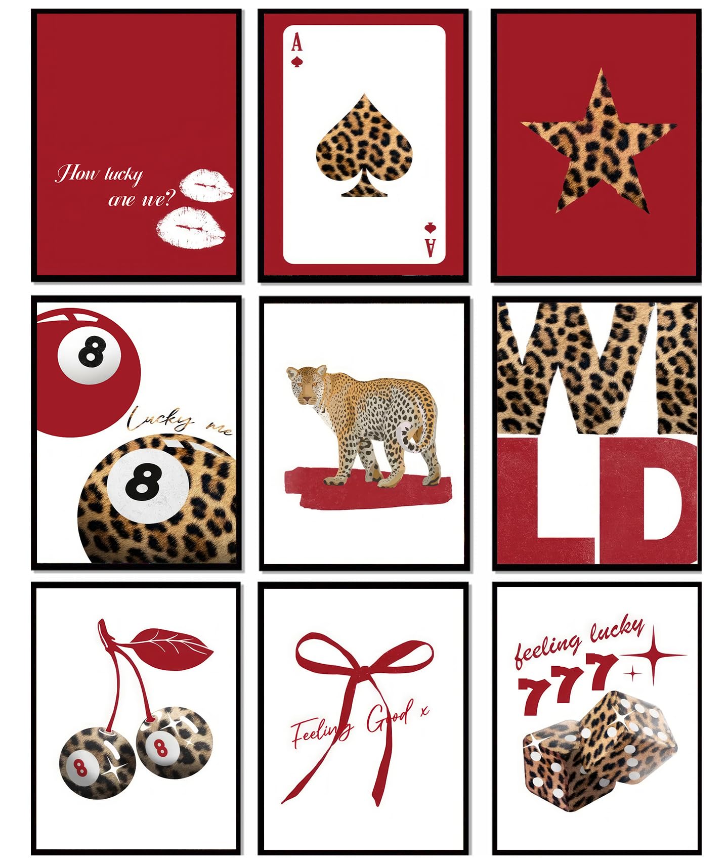 9Pcs Trendy Red Leopard Wall Art Prints Funky Lucky 8 Ball Posters Preppy Cheetah Aesthetic Wall Decor Pictures Girly Bedroom Ap