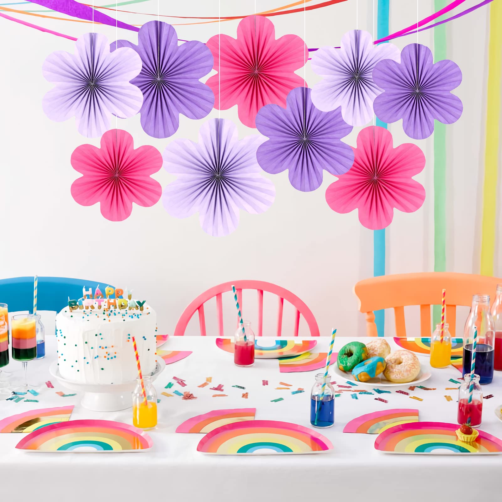 SUNBEAUTY Flower Party Decorations Paper Fans Classroom Decoration Paper Floral Backdrop Decor Paper Fans Decoration Hanging Paper Fans Purple Flower Wall Decor Set of 9 (US1-ZM-202303284)