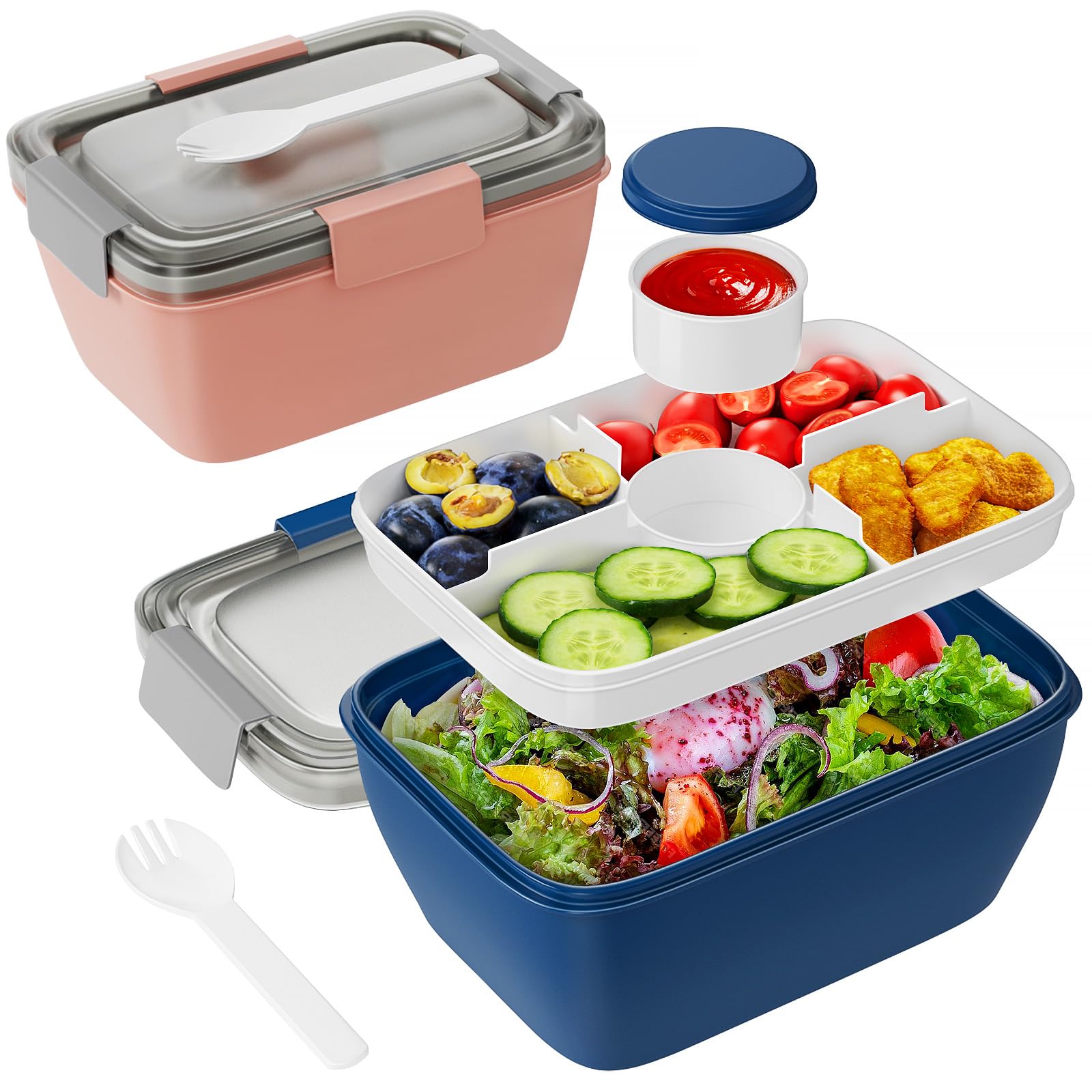 Freshmage Large Salad Container for Lunch, 2 Packs 68oz Salad Bowls with 5 Compartments, Salad Dressings Container for Salad Top
