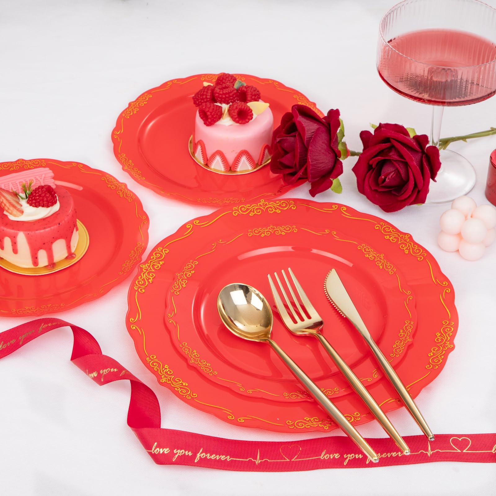 U-Qe 100Pcs Red Plastic Plates - Heavy Duty Red Valentines Plates Disposable With Gold Rim - Include 50Pcs 9Inch Red Dinner Plat
