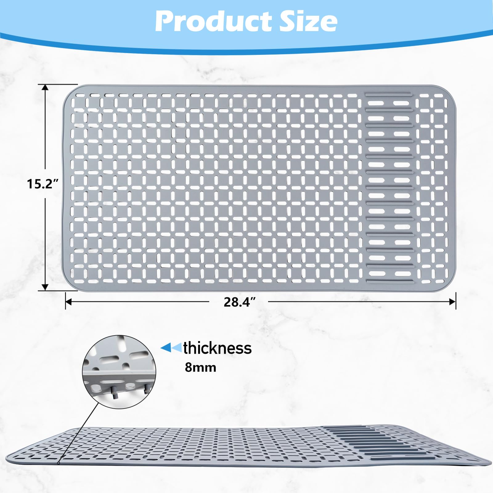 Silicone Sink Mat 28.4''X15.2'' Kitchen Sink Protector Mat With Diy Drain Hole, Grey Farmhouse Silicone Sink Mat Protector 1Pcs