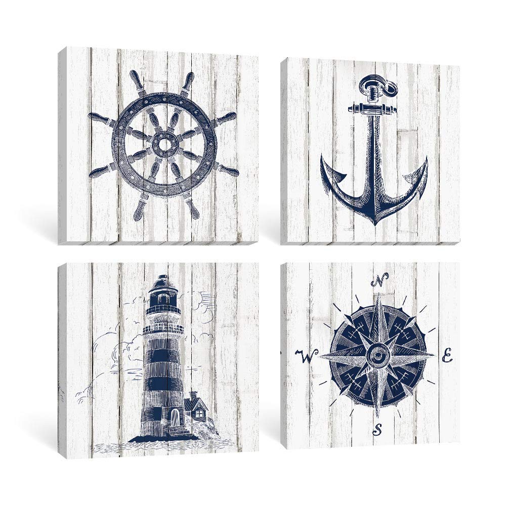 Adecuado Nautical Wall Art Beach Home Decor Boat Anchor Paintings Helm Drawing Compass Lighthouse Rustic Style Pictures Dark Blu