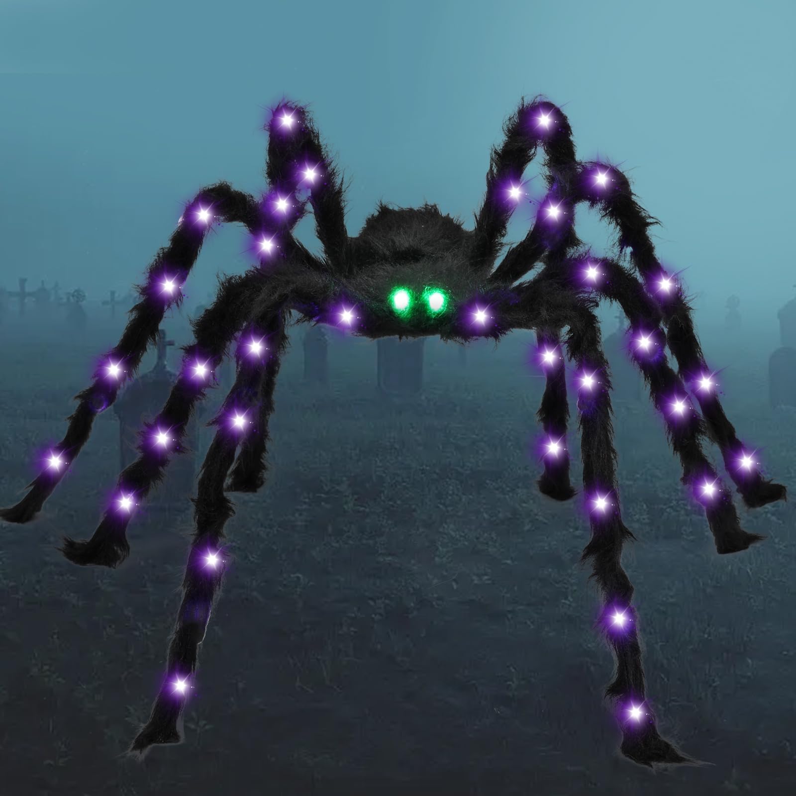 BEIGUO 6.6Ft Halloween Light Up Giant Spider,Scary Large Hairy Spider with Green Lighted Eyes for Yard Lawn Halloween Outdoor De